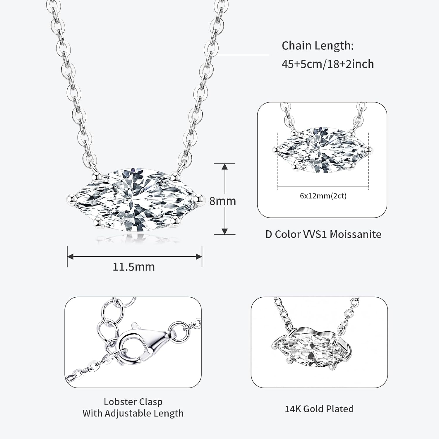 2CT Marquise Moissanite Pendant Necklace for Women