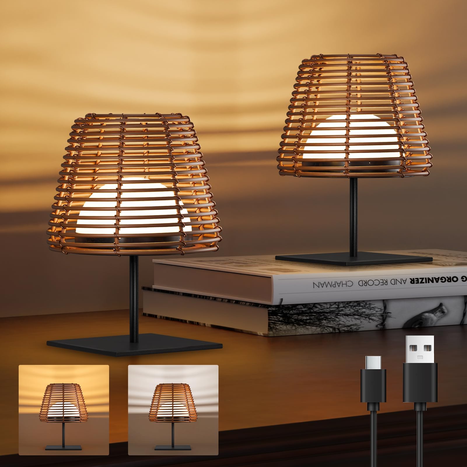 AoLa LED Tischleuchte Kabellos – Boho Rattan Design Mit Akku (1200 MAh), Touch-Dimmung Und USB-Aufladung – Moderne Nachttischlampe Für Schlafzimmer Und Wohnzimmer (Braun)