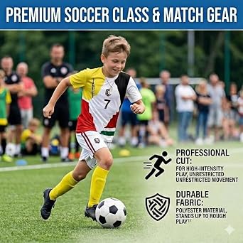 Kids Soccer Jersey Boys Youth Uniform Set - 4pc Soccer Kit with Jersey, Shorts, Socks & #7 Necklace for Ages 6-14