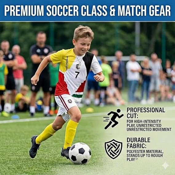 Kids Soccer Jersey Boys Youth Uniform Set - 4pc Soccer Kit with Jersey, Shorts, Socks & #7 Necklace for Ages 6-14