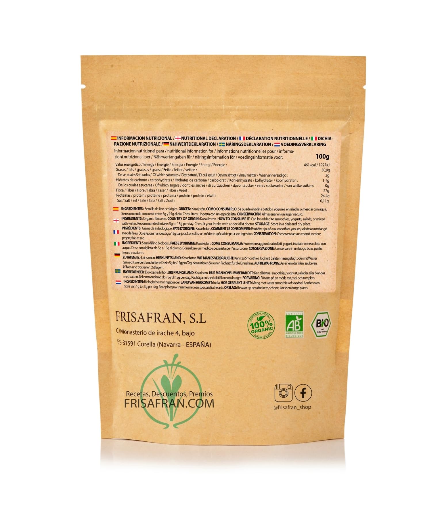 FRISAFRAN | Semilla de Lino Dorado Molida Ecológico 200g | Superalimento Organico | lino dorado | Semillas de lino marrón | Ácidos grasos | Fuente Natural de Fibra | Omega 3 | 100% Vegano | Sin Gluten