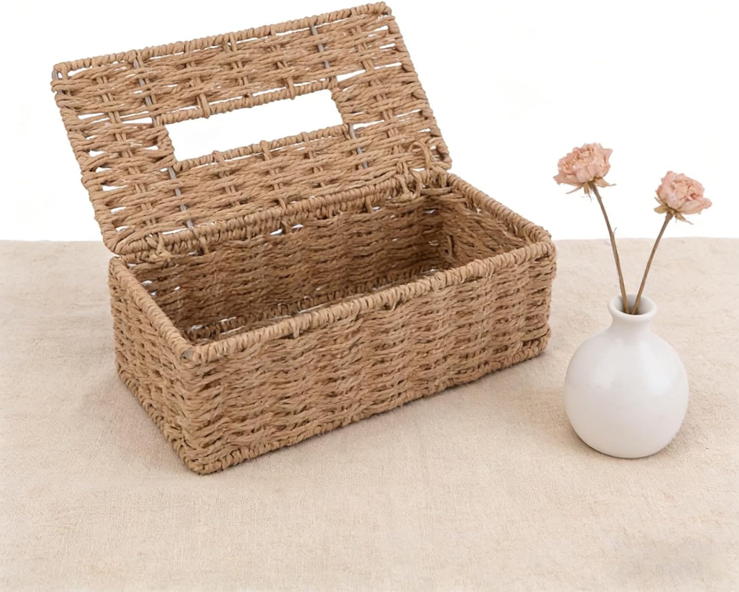 Woven Paper Box, Tissue Box Cover Rectangular, Vintage Napkin Storage Basket with Flip-Open Top, Boho Decorative Woven Facial Tissue Holder for Bathroom, Kitchen, Living Room, Bedroom(Camel) image 5
