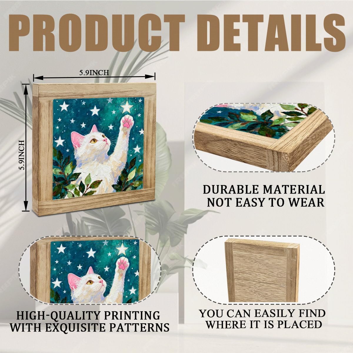 White Cat Wooden Box Sign Decor, Celestial Cat Artwork, Framed Mini Wall Art for Home Office Desk Shelf Bedroom Living Room, Cute Cat Lover Gift, Pet Memorial Decor image 2