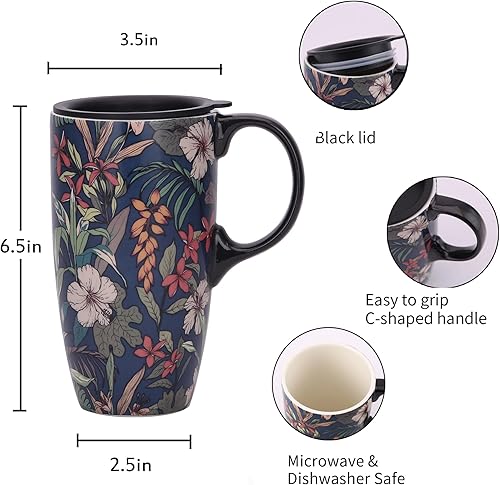 Miniatura 4 de DUSVALLY Taza de café de cerámica de regalo para el hogar y la oficina, 17 onzas. Taza de viaje con leche de porcelana con tapa y caja de color,