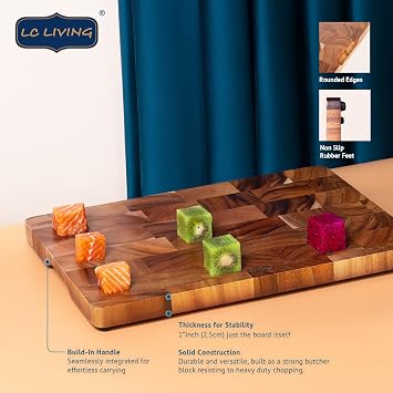 Thai Acacia Wood Grande Rectengular Cutting Board w/Footer, best for chopping serving butcher board, prep station, kitchen deco, cheese, meat, bread, 15.7x11.2 / 17.7x 1.8 (Large)