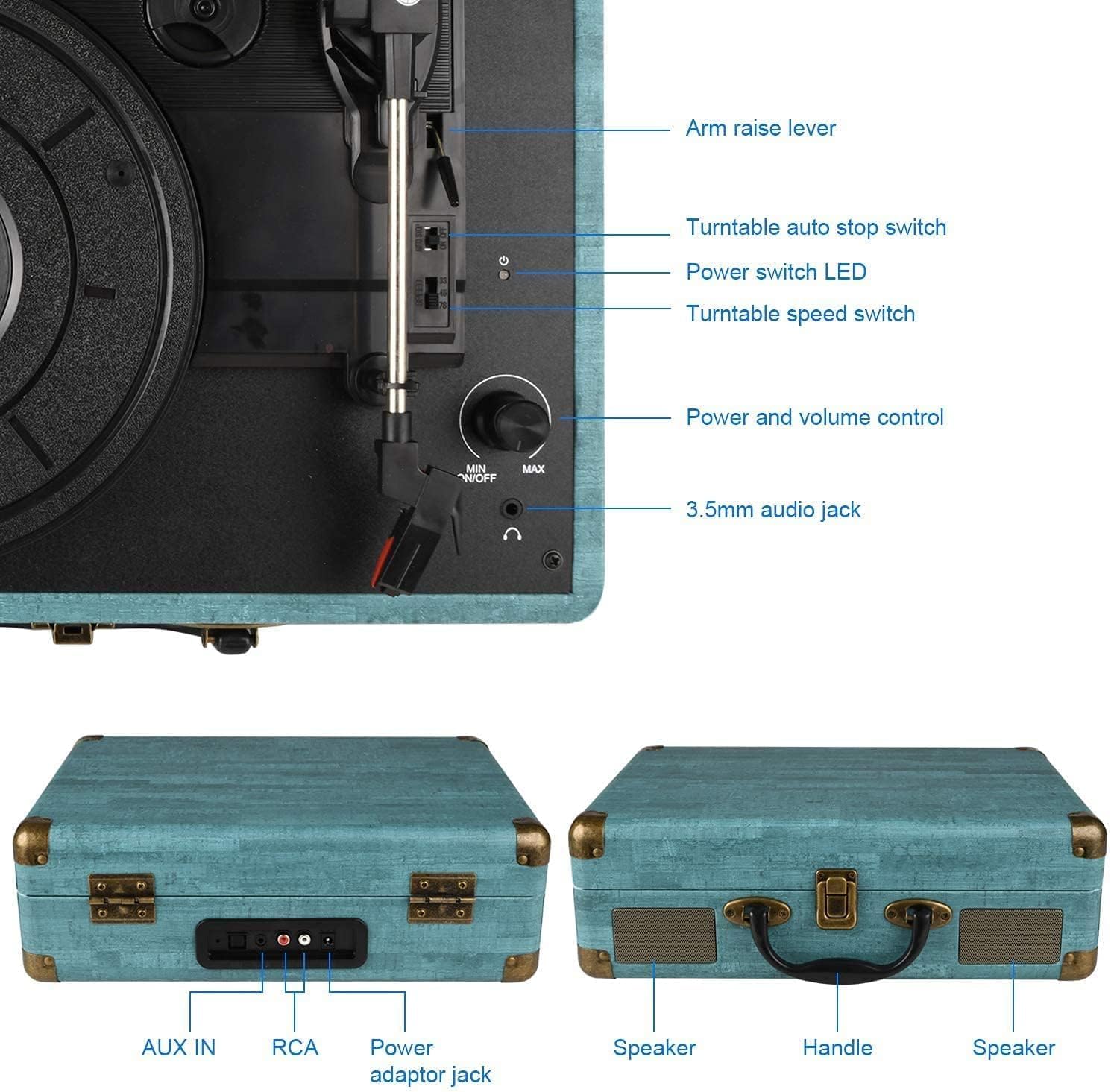 Platine Vinyle stéréo Portable, Tourne-Disque Bluetooth 3 Vitesses (33 1/3, 45 et 78 TR/Min) avec Haut-parleurs intégrés, phonographe Vintage avec entrée AUX 3,5 mm et Ligne RCA