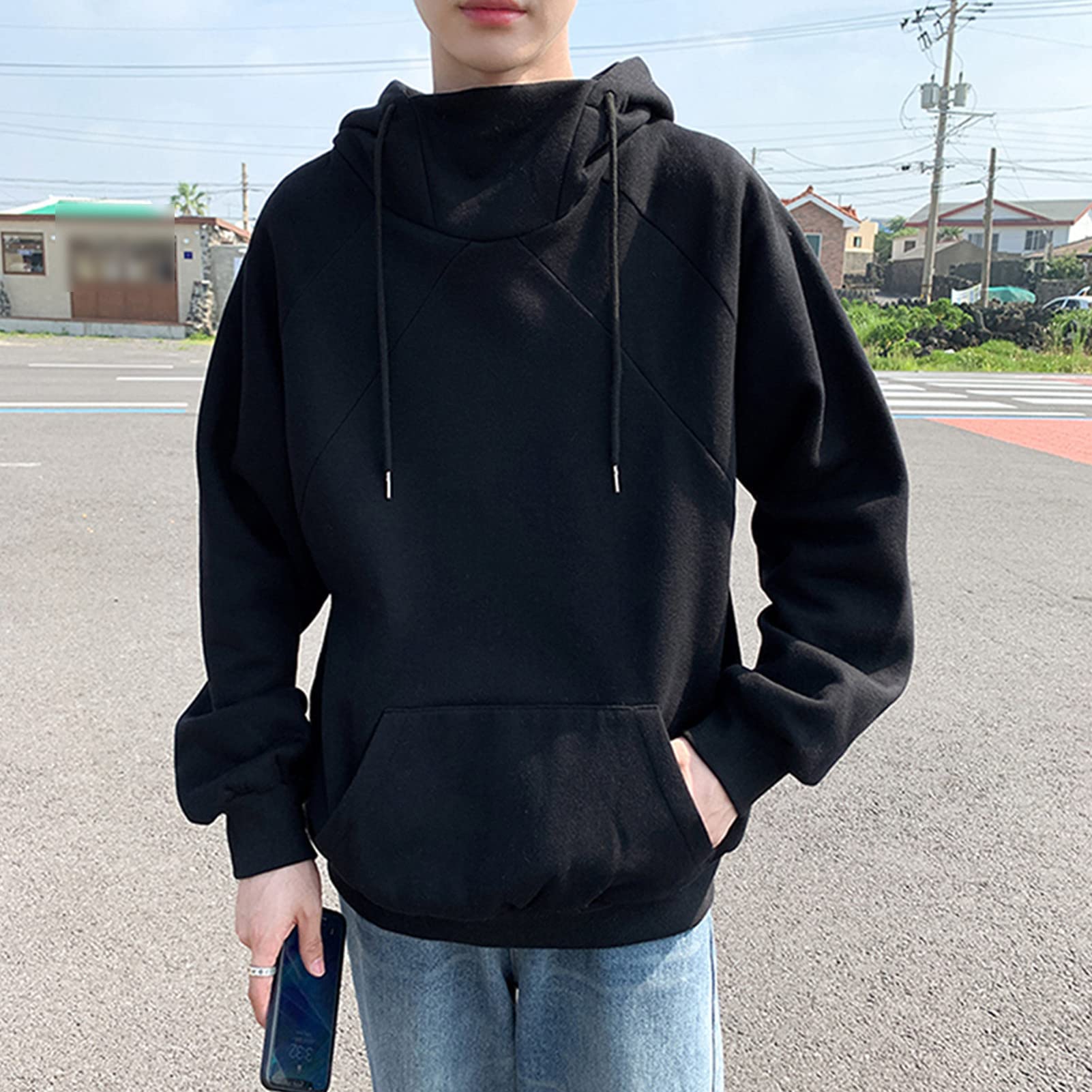 Maiyifu-GJ Men's Solid Turtleneck Athletic Hoodies Casual Hip Hop Loose Fit Hooded Sweatshirt Long Sleeve Pullover Hoodies (Black,4X-Large)