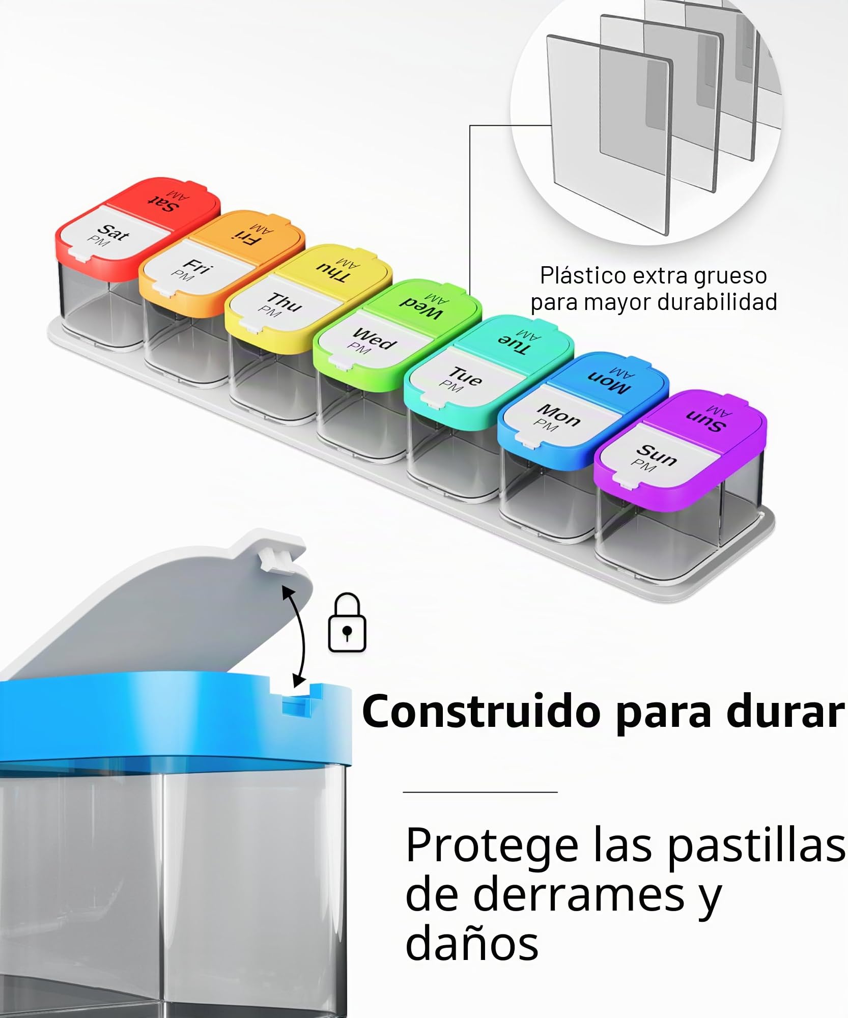 Organizador semanal XL de píldoras, soporte de vitaminas con 7 compartimentos desmontables AM/PM, dispensador portátil para hogar y viajes