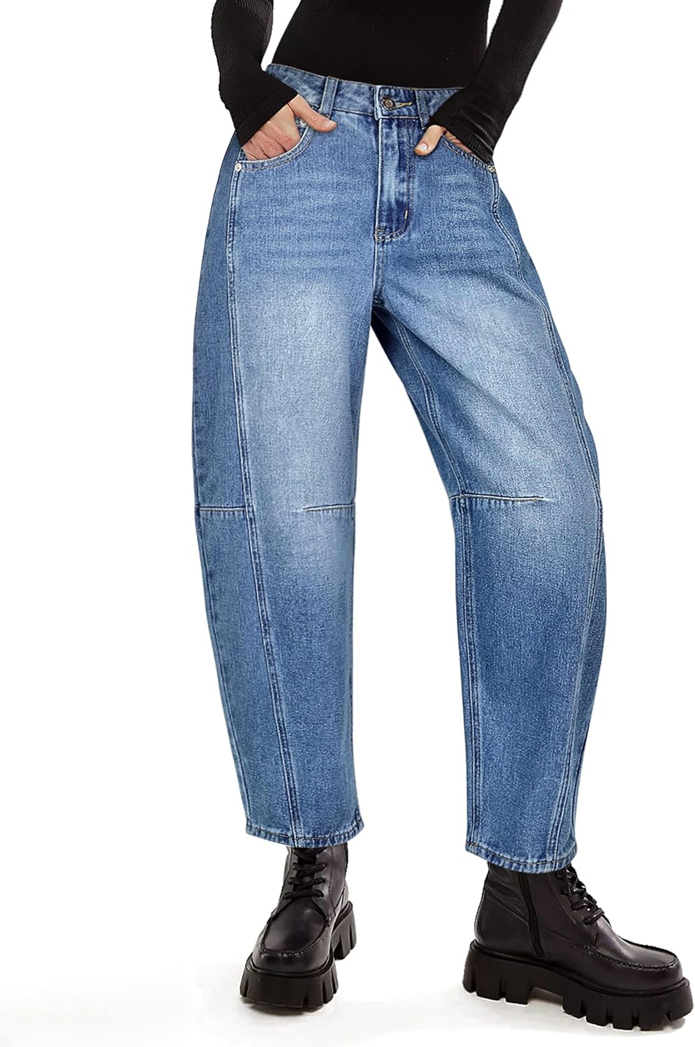 POTILI Women's Barrel Boyfriend Baggy Leopard Print Jeans Mid Rise Cropped Wide Leg Y2K Horseshoe Jeans for Women Trendy