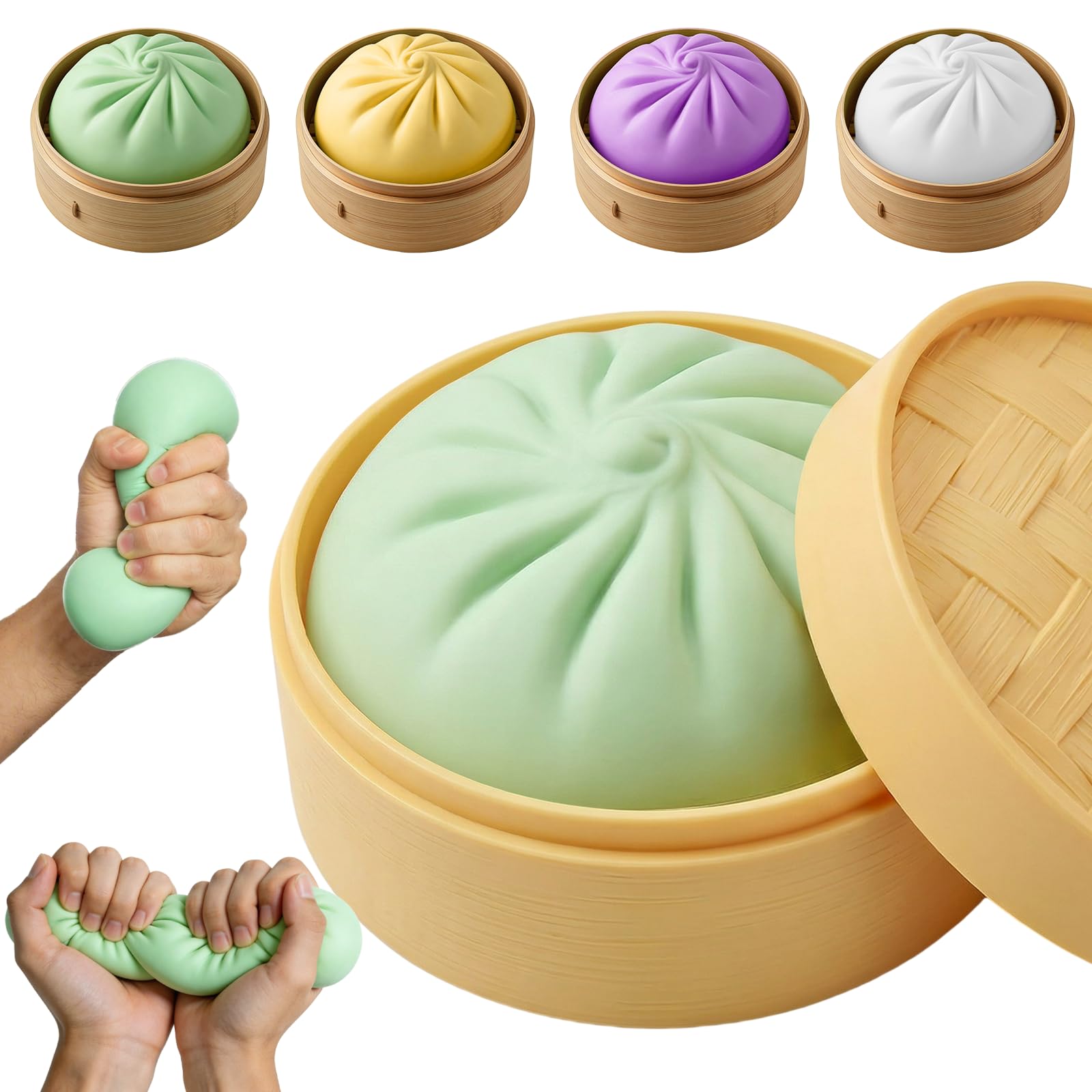4Pcs Dumpling Squishy, Glitter Dumpling Squishy Mystery Box, Slow Rising Toy, Dumpling Stress Ball Fidget Sensory Toy with Mini Food Steamer, Easter Basket Stuffers for Adults