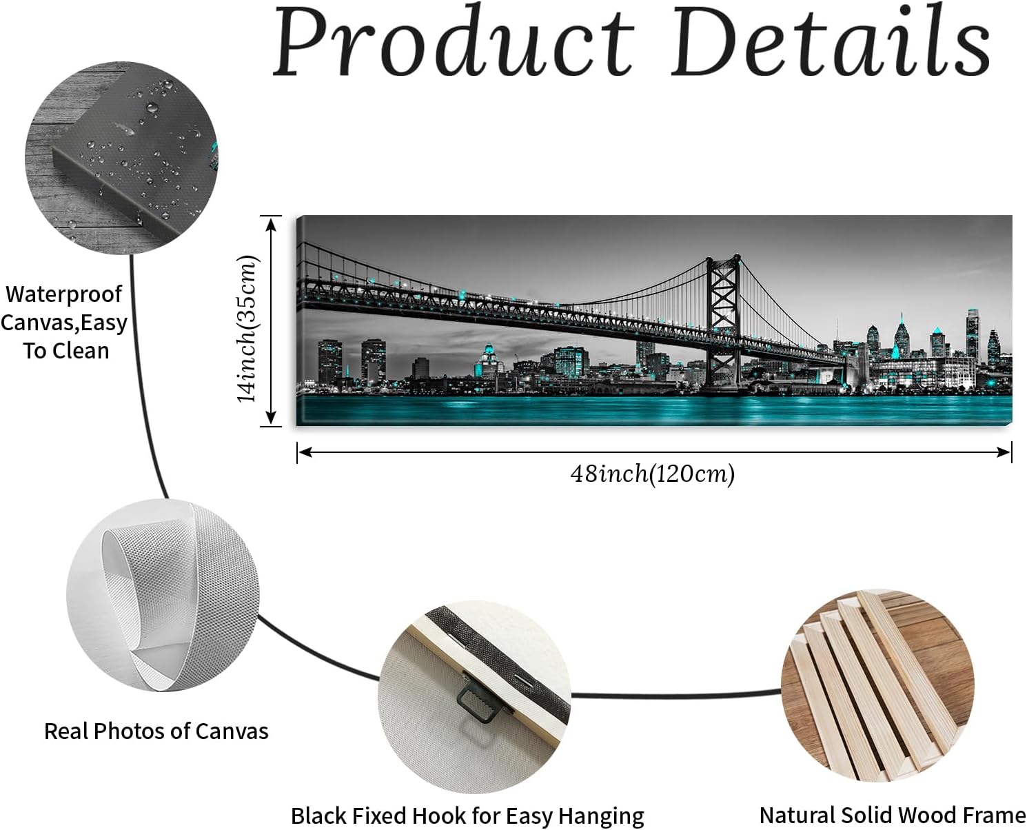 JiazuGo Philadelphia Skyline City Canvas Wall Art Decor Framed 14"x48" Black and White Aqua Green Teal Panorama Cityscape Pictures Artwork Painting Poster for Bedroom Office Decoration Stretch 48"L x 14"W Philadelphia