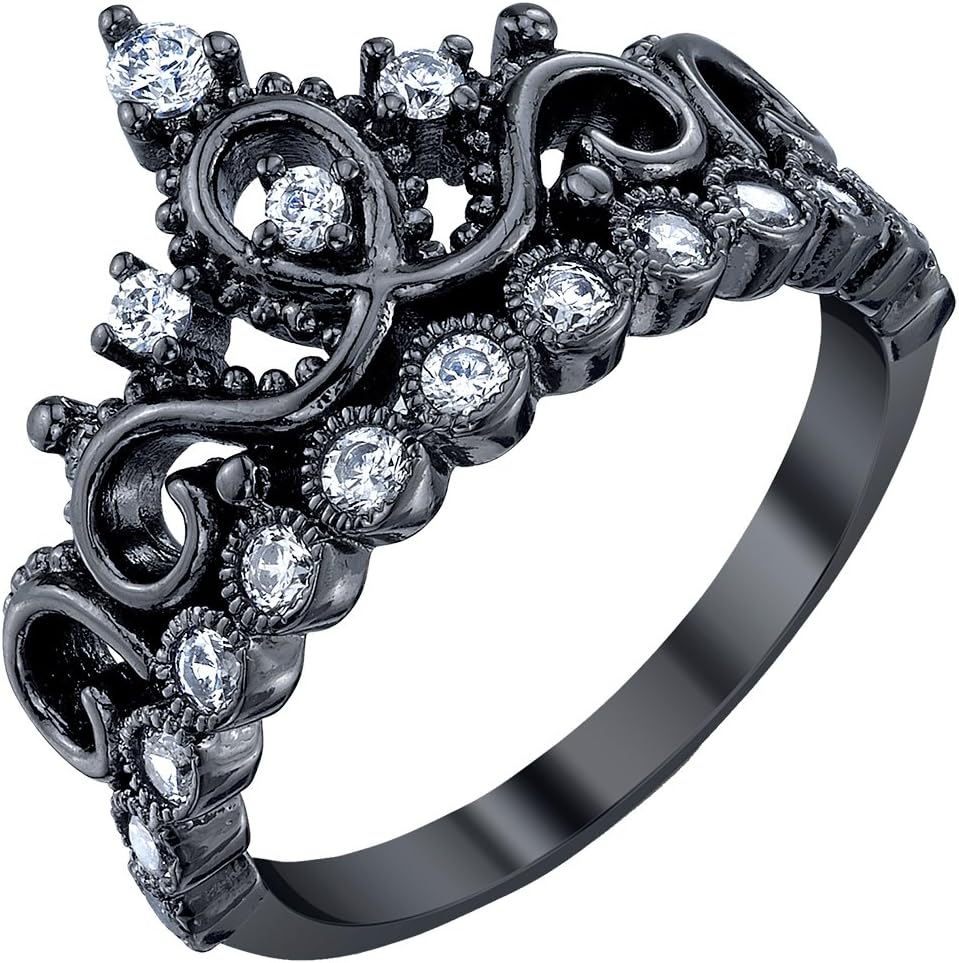 Sterling Silver Princess Crown Ring (Black Rhodium Plated)