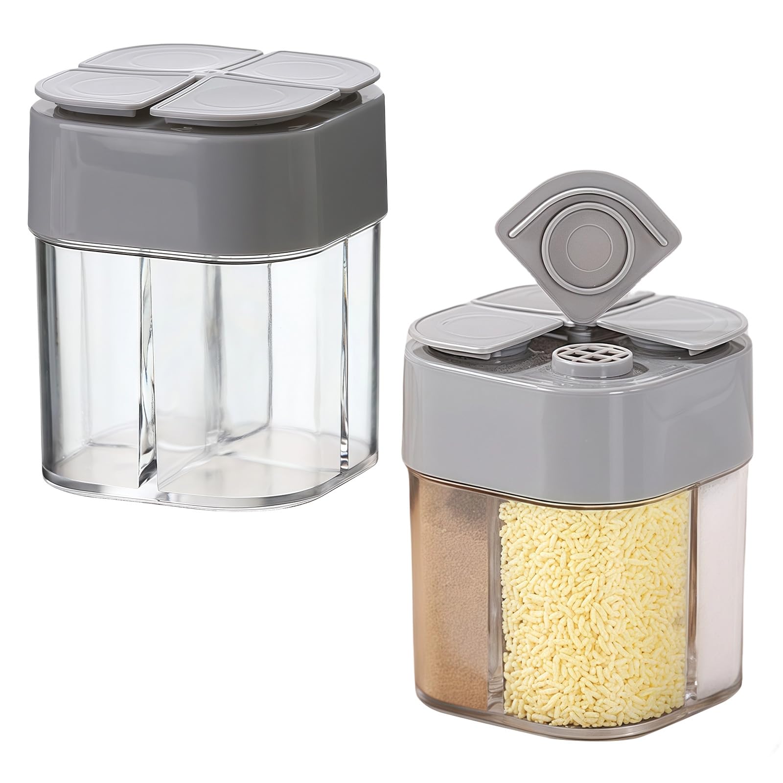 2 Stück Gewürz Dispenser, 4 in 1 Gewürzstreuer Camping, Reisegewürzdose aus Kunststoff, Gewürzdosen mit Fächern, Tragbare Cruet Flasche für Picknick, Lunchboxen, Küche (Grau)