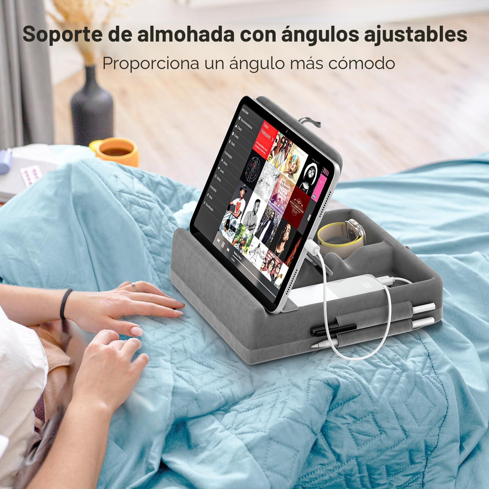 KDD Soporte de Almohada para Tableta con Almacenamiento, Soporte de Tablet para Cama, Soporte de Tableta Ajustable Angulo con Soporte de Aguja Compatible con iPad Pro, Air, Mini, Book, Phone(4-13 ")