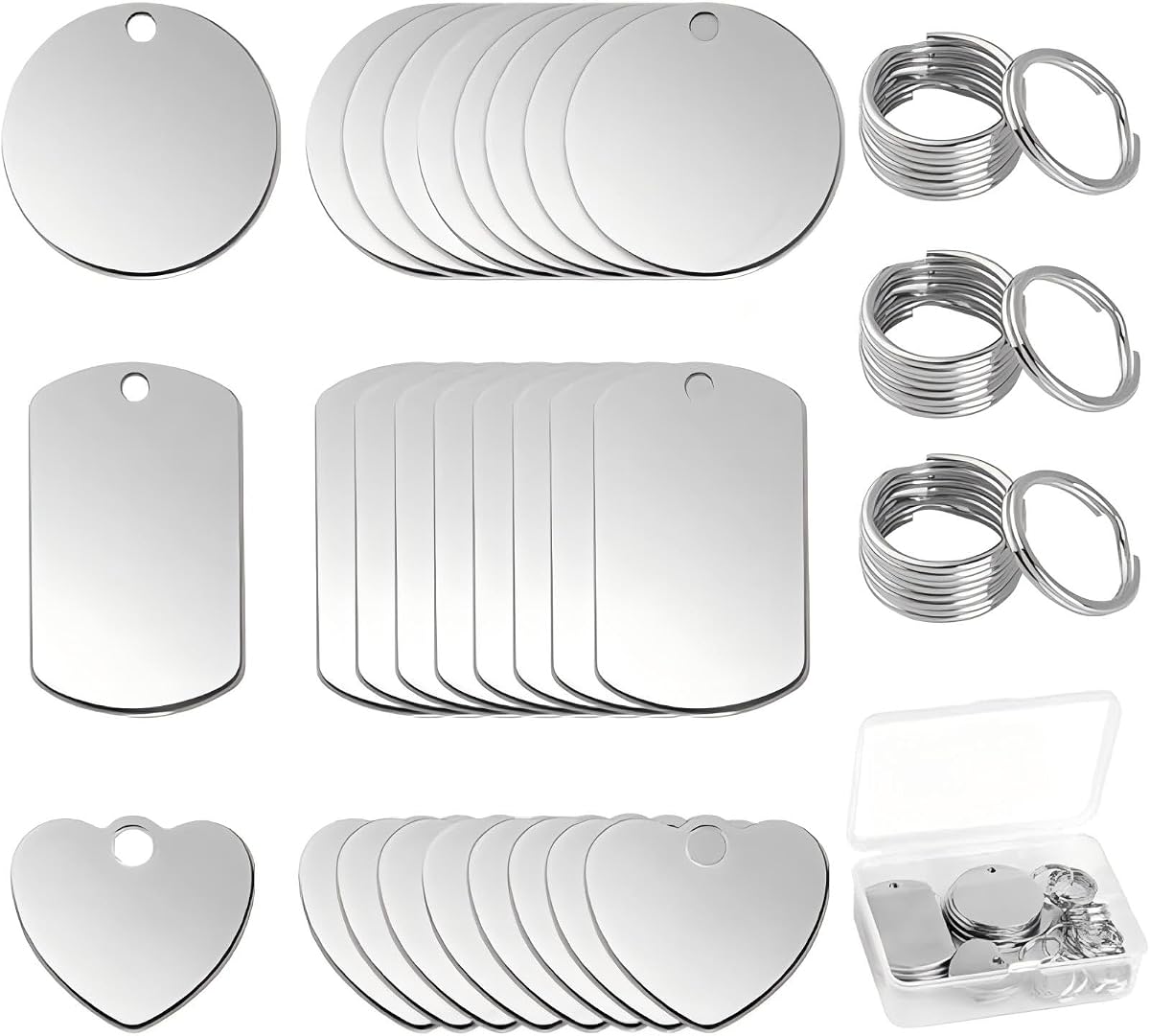 24 Pcs Blank Metal Dog Tags Set – Stainless Steel & Aluminum Engraving Blanks, Round/Rectangular/Heart Keychain Tags with Split Rings for DIY Jewelry, Pet ID, Military Style Crafts