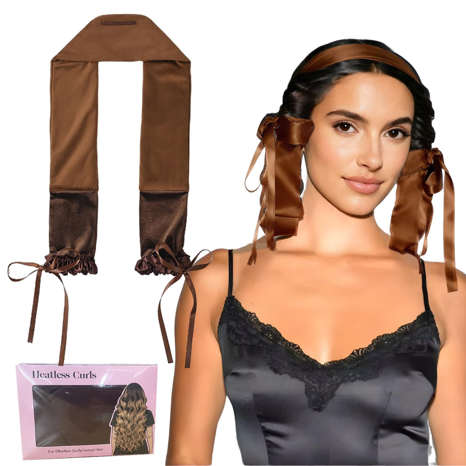 Sleepy Tie Heatless Hair Curler Overnight,No Heat Hair Curlers to Sleep in, Soft Ribbon Wrap for Long Hair, Heatless Curling Rod Headband Set for All Hair Types(Brown)-image-42