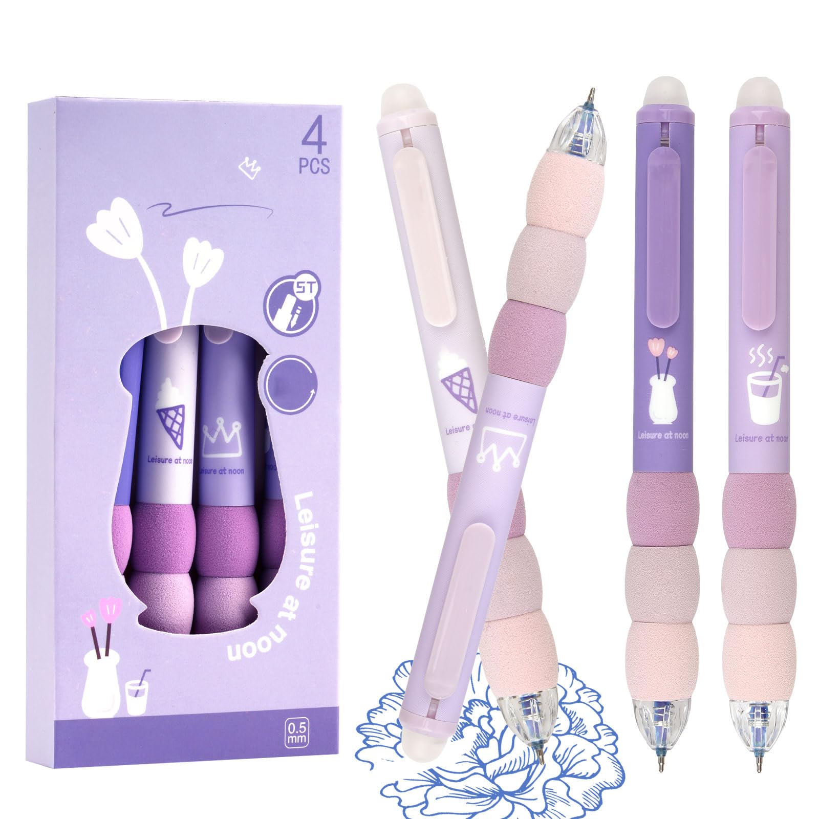 Erasable Pens, 4 pcs Rub Out Pens Blue, Rollerball 0.5 mm Eraser Pen with Rubbers on the End, Erasable Gel Pen for Kids Students Adults School Office Stationery (Purple)