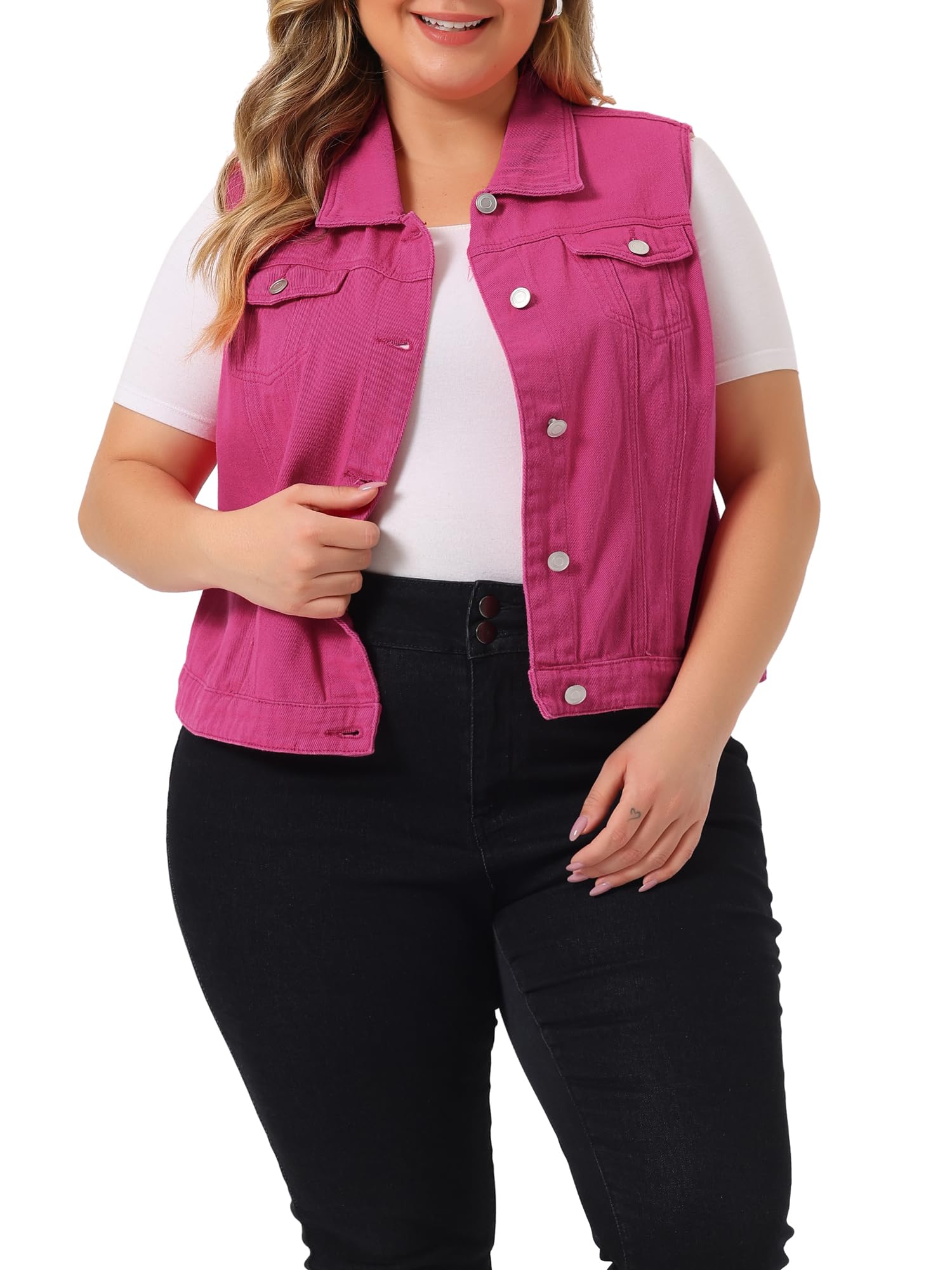 Agnes Orinda Chaleco vaquero de un solo pecho para mujer de talla grande con dos bolsillos con solapa en el pecho Rosa 3XL