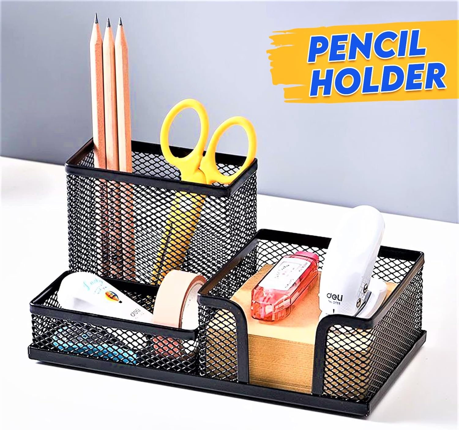 2 Pack 3 in 1 Mesh Pen Holder for Desk, 3 Compartments Pencil Holder Desk Organizer Caddy with Sticky Notes Holder Easy Storage Suitable for Home, Office and School : Everything Else