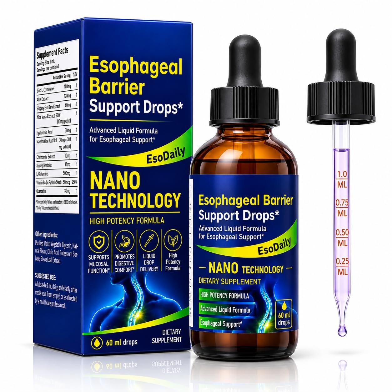Nano Esophageal Relief Drops with Zinc L-Carnosine, Slippery Elm Bark & DGL,Liquid Dietary Supplement for Digestive Comfort & Stomach Soothe, 2 fl oz (60 mL)