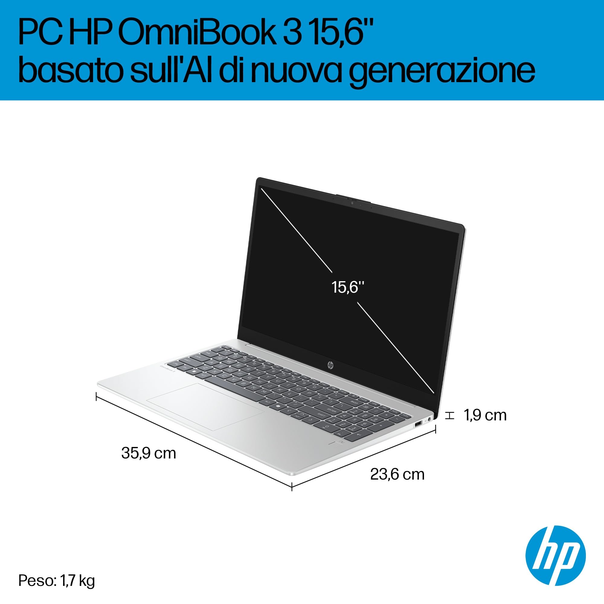 HP OmniBook 3 15-fn0002sl Notebook AMD Ryzen AI 5 330 16GB RAM 1TB SSD Windows 11 Tastiera Italiana QWERTY Argento