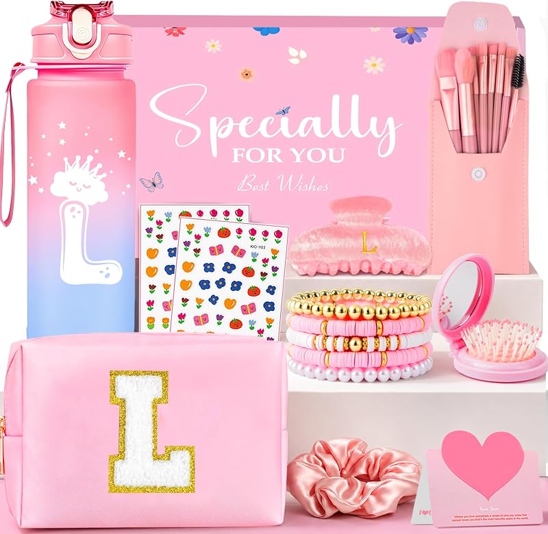Awfrky Kit de acessórios de maquiagem com necessaire personalizada, garrafa esportiva, escovas e adesivos de unha, tamanho L, 10 peças