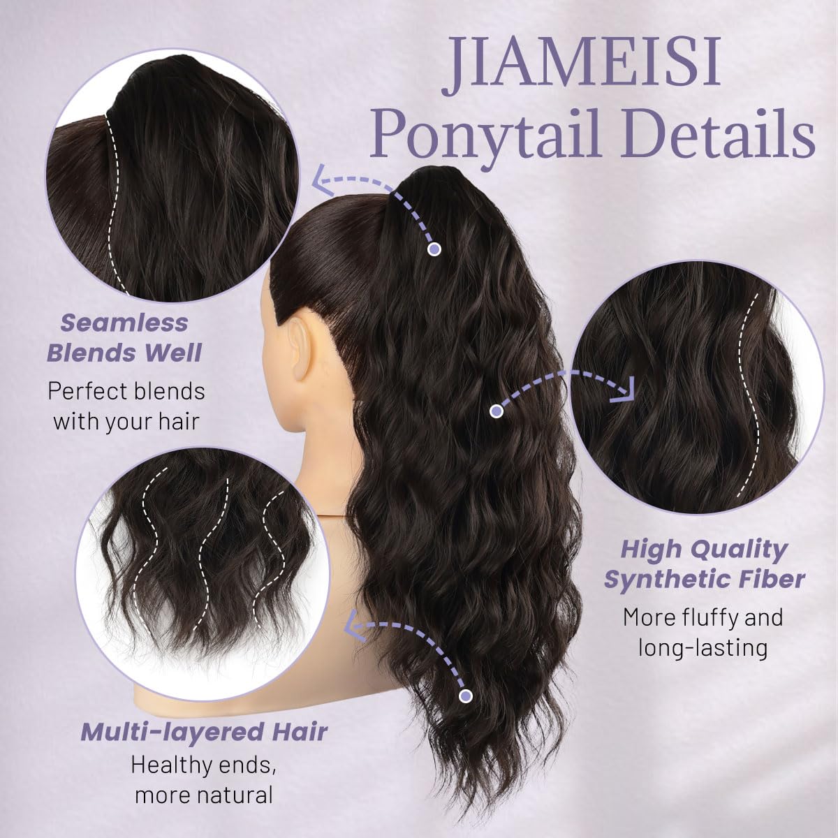 JIAMEISI Claw Clip Ponytail Hair Extensions 18 Inch Ponytail Extension Long Curly Wavy Jaw Clip in Pony Tails Extension Synthetic Fluffy Hairpiece for Women Girls Daily Use Party (Black Brown) - Image 3