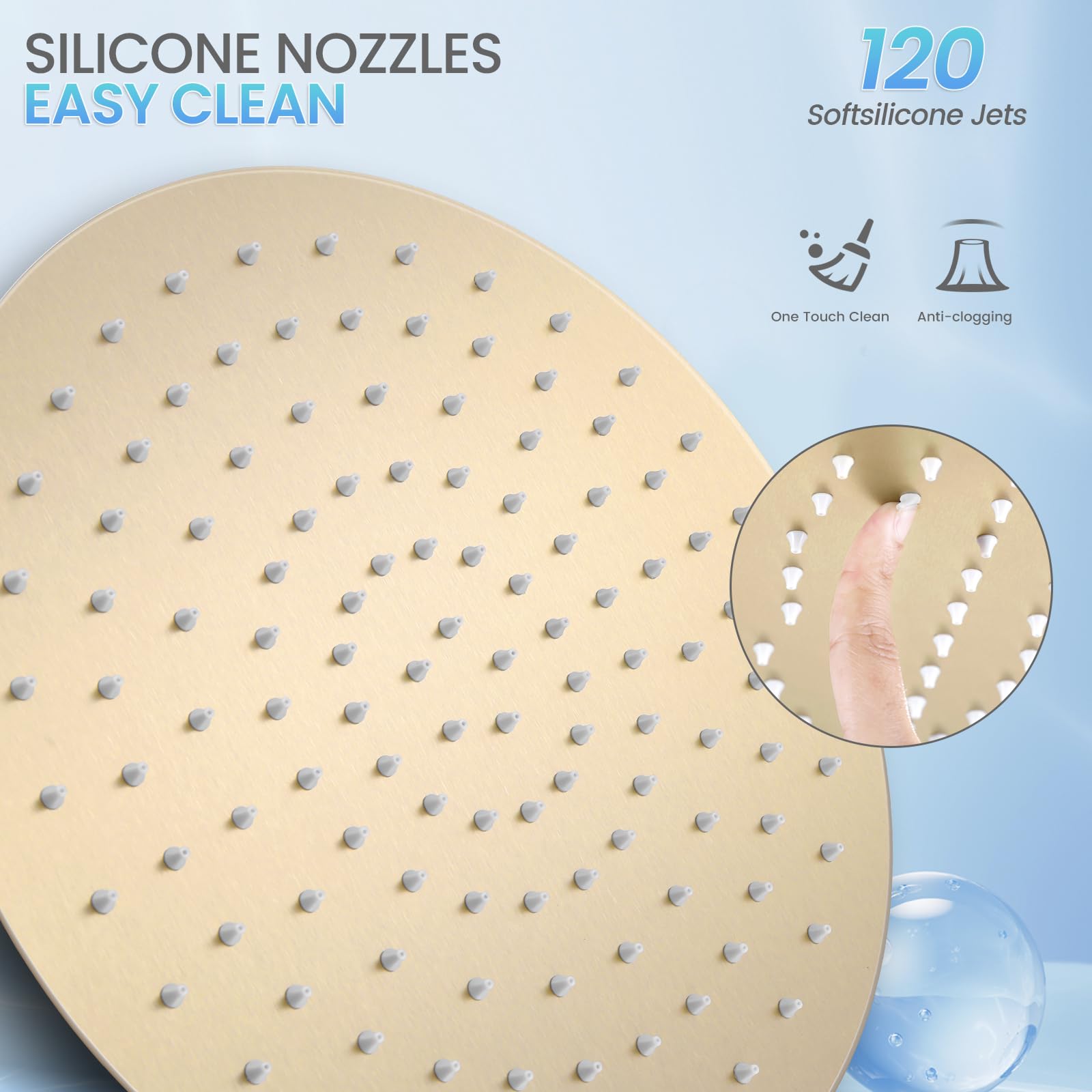 Soffione doccia a pioggia da 30,5 cm, in acciaio inox spazzolato, con 120 ugelli in silicone, stile moderno