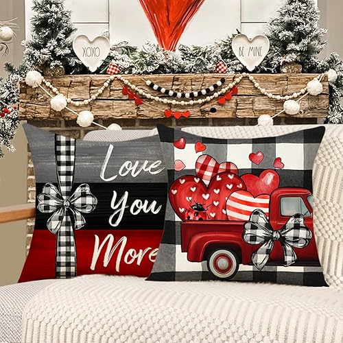 Miniatura 4 de 4TH Emotion Juego de 4 fundas de almohada para el día de San Valentín de 18 x 18 pulgadas, diseño de cuadros de búfalo primavera, funda de cojín
