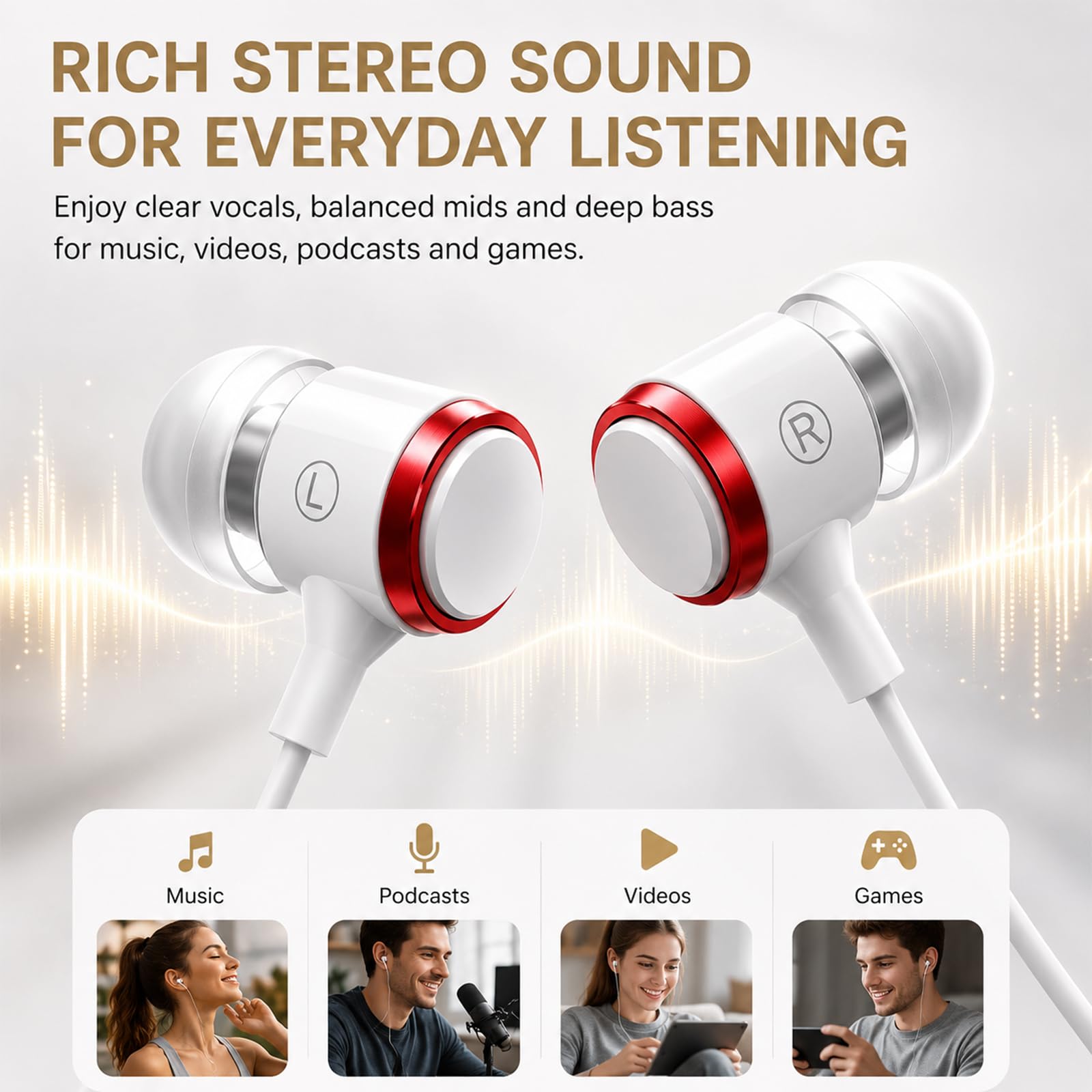 Rosmas Przewodowe słuchawki douszne z mikrofonem, sterownik 10 mm do dźwięku HiFi (białe)