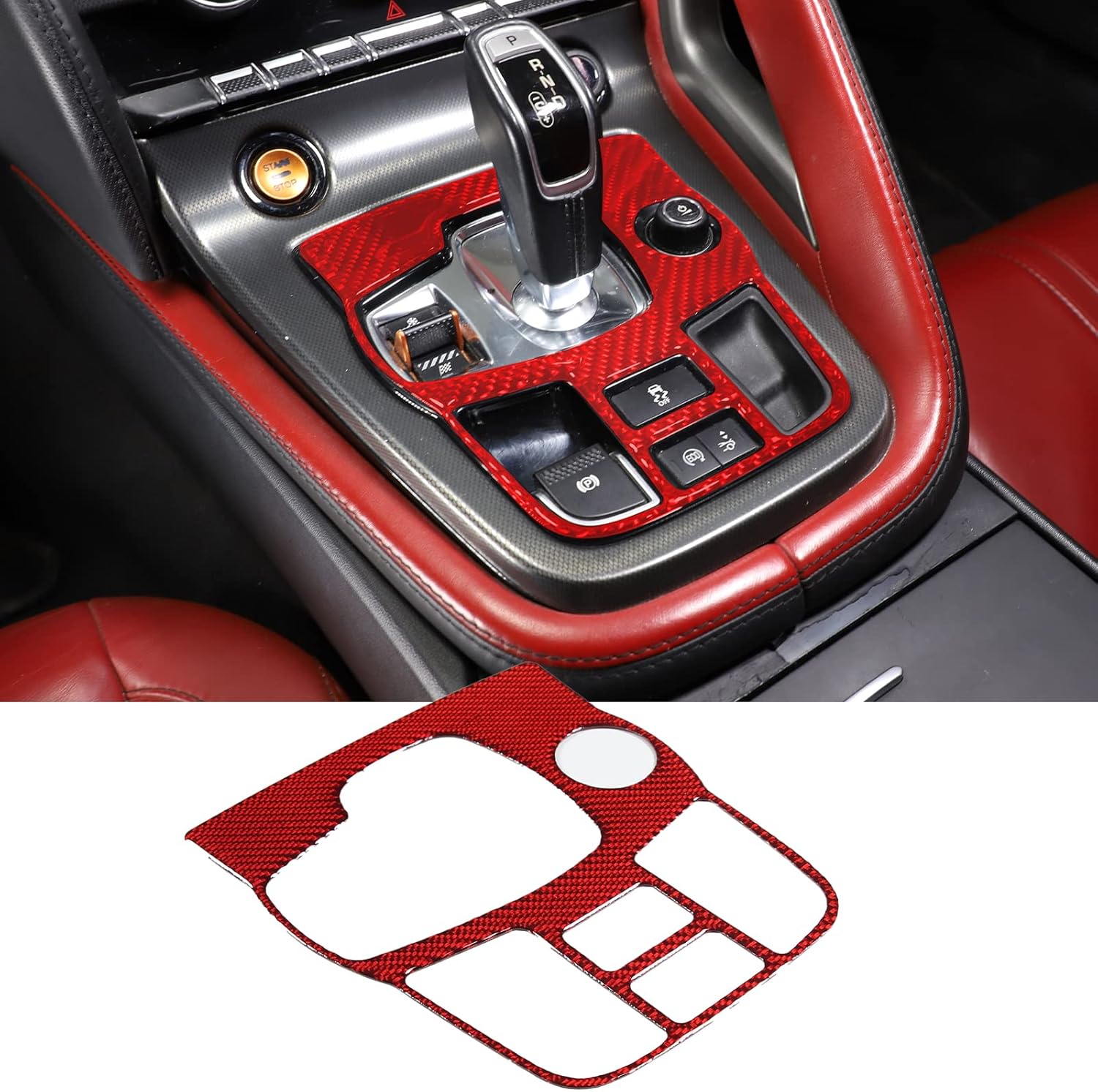 Daeiclru Real Carbon Fiber Car Interior Gear Shift Panel Trim Cover Compatible with Jaguar F-Type 2013-2022, Central Control Gear Shift Panel Frame Sticker Accessories (Style B - Red)