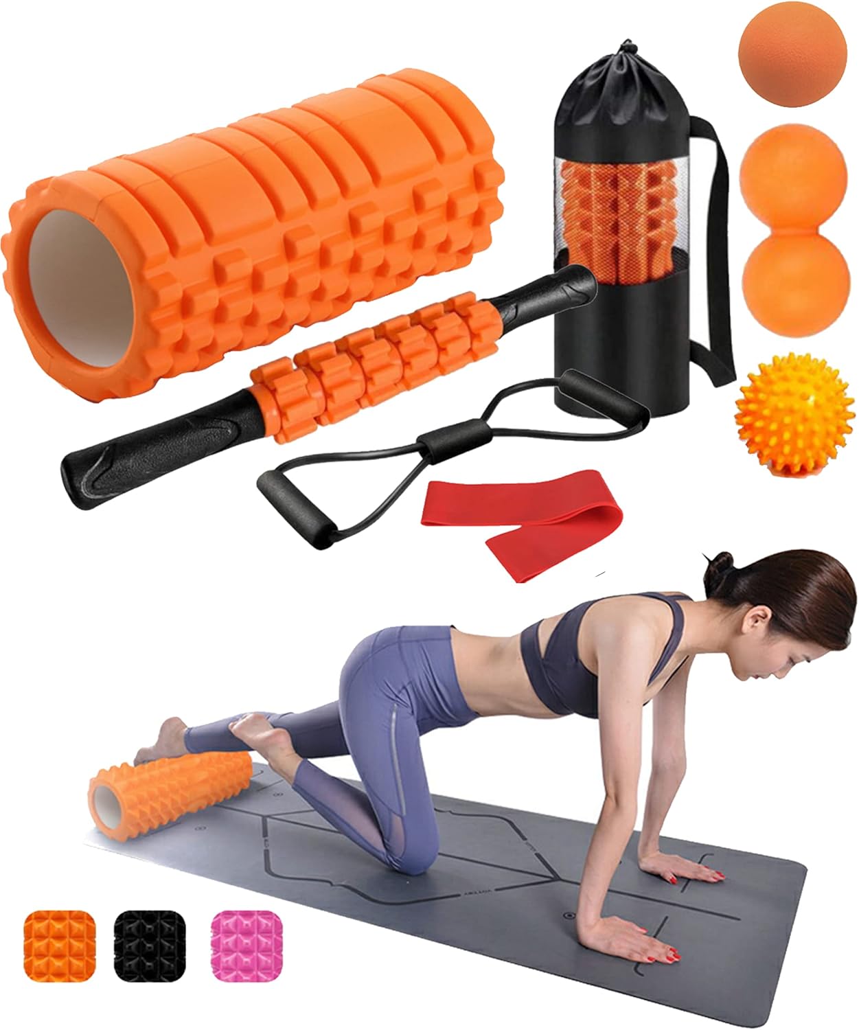 Foam Roller Set Includes Hollow Core Massage Roller,Peanut Ball ,Spiky Ball ,Stretching Band