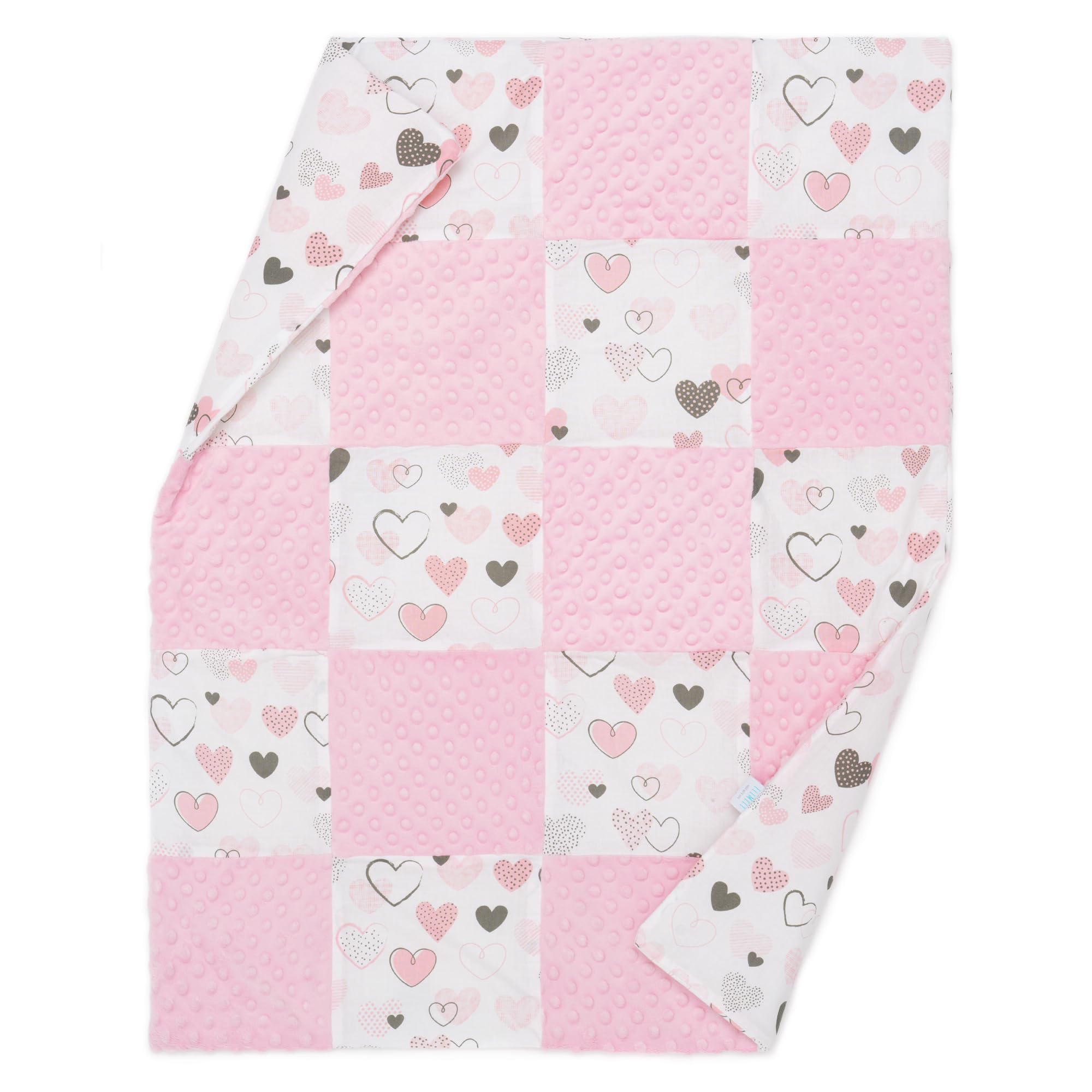 ELIMELI Minky Kocyk dziecięcy, kocyk do raczkowania – super miękki polar Minky Dots Polar i bawełna z wypełnieniem | kocyk niemowlęcy 74 x 92 cm, wysoka jakość (parkingowy różowy – serca)
