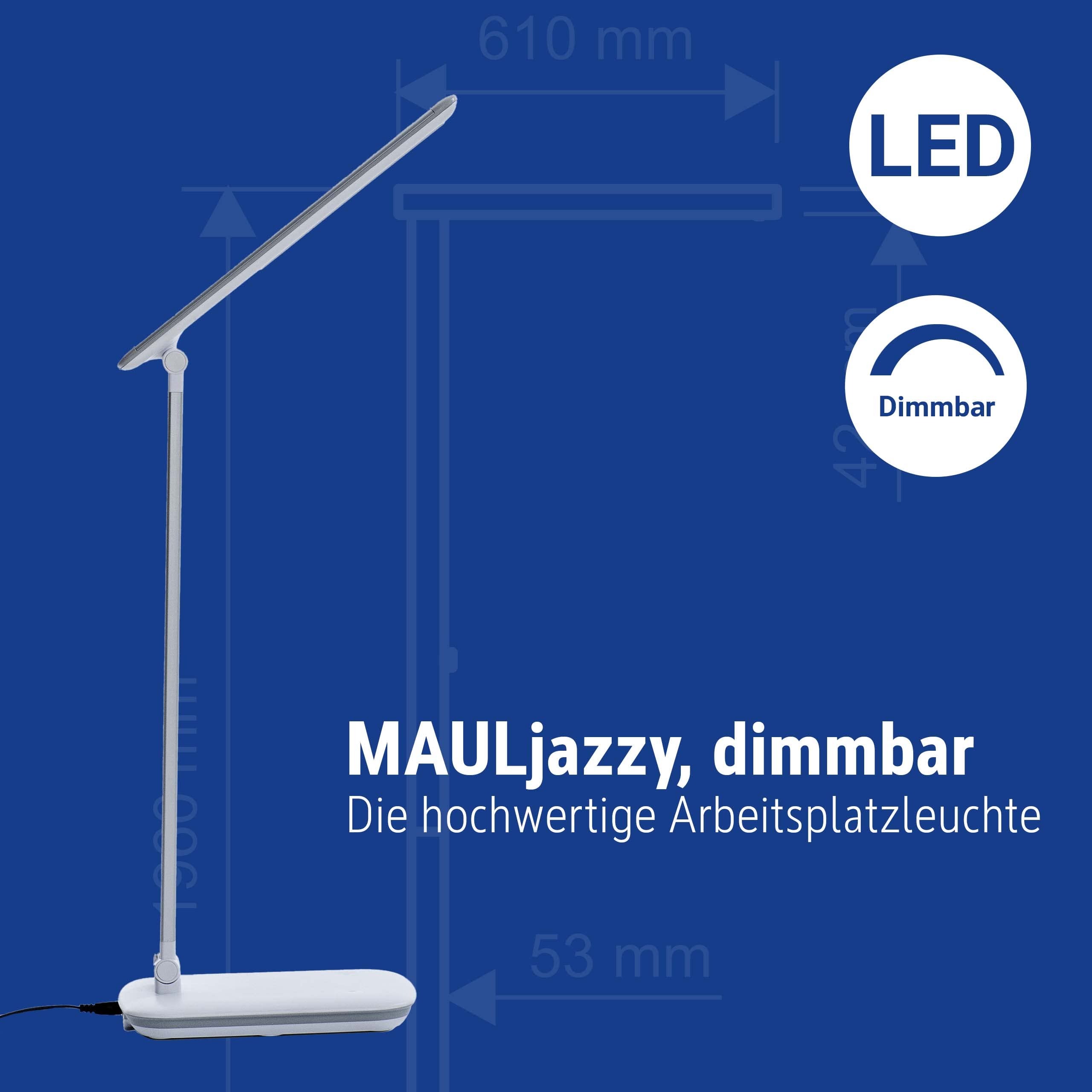 MAUL Lampka biurkowa LED MAULjazzy biała ściemniana z USB | komfort pracy, 5 poziomów jasności, ładowanie telefonu, ruchoma głowica, stabilna baza, światło 4000 K