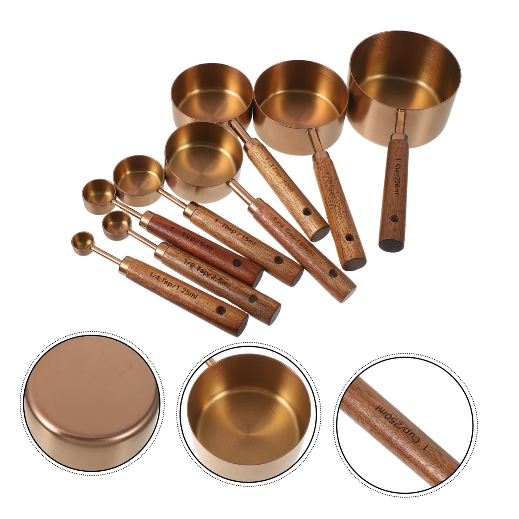 Ensemble de 8 Pièces Ustensiles Cuisine en Acier Inoxydable et Bois, Cuillères à Mesurer pour Ingrédients Liquides et Secs, Compatibles Lave-vaisselle, pour Préparation Café
