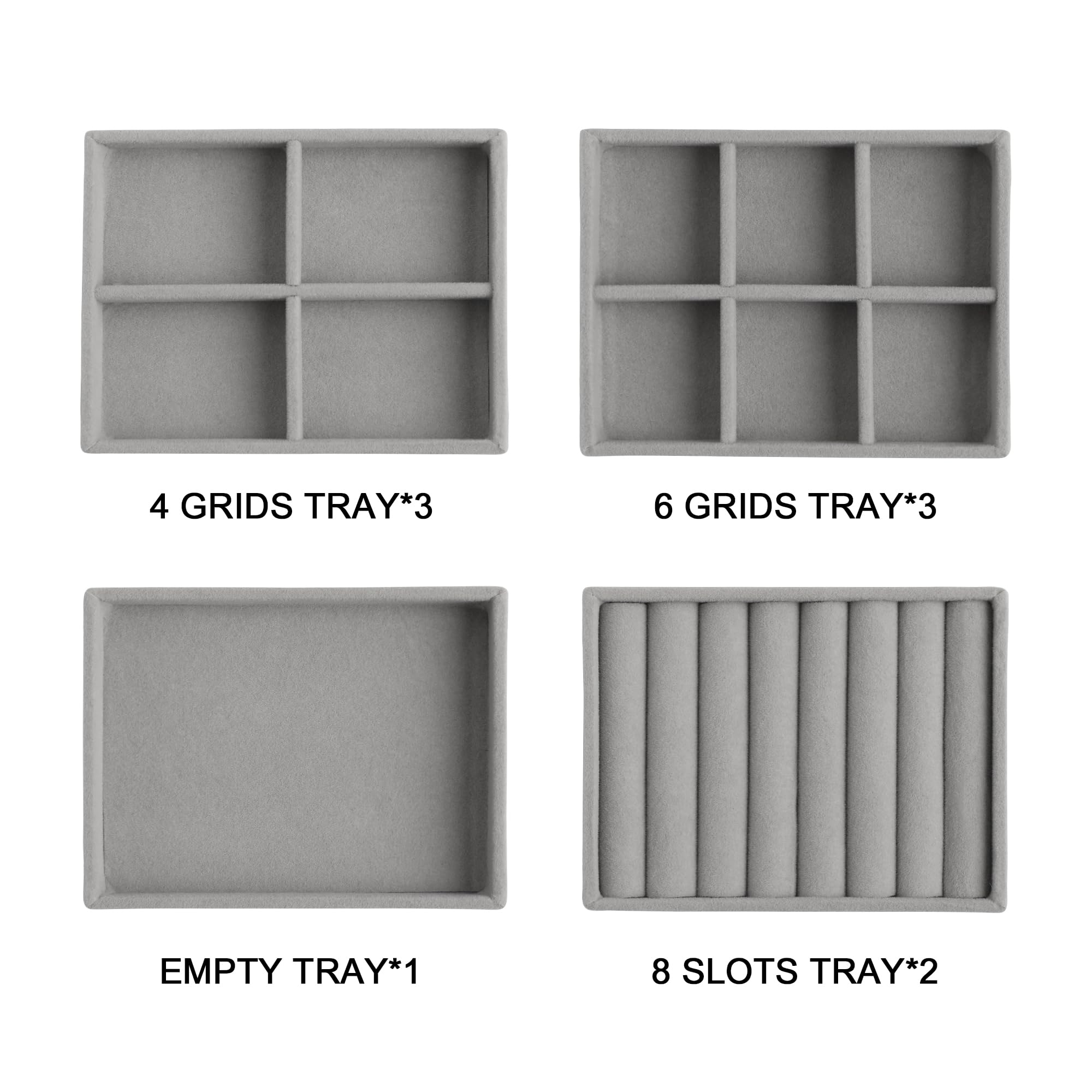 Frebeauty Kleines Schmucktablett, stapelbarer Samt-Schmuck-Organizer, Schubladeneinsätze, 12 x 9 x 2,3 cm, Ohrring-Organizer für Frauen (9er-Set, grau)