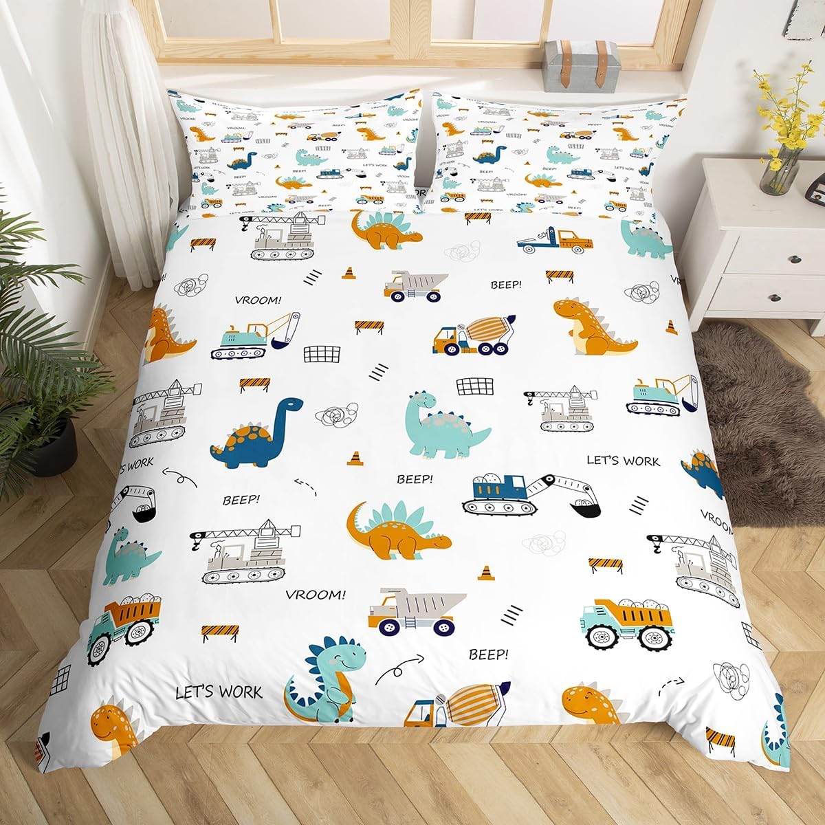 Erosebridal Cartoon Dinosaur Kids Comforter Cover Toddler,Excavator Trucks Duvet Cover for Boys,Tractor Machinery Bed Set,Bulldozer Crane Construction Vehicle Room Decor(No Comforter)
