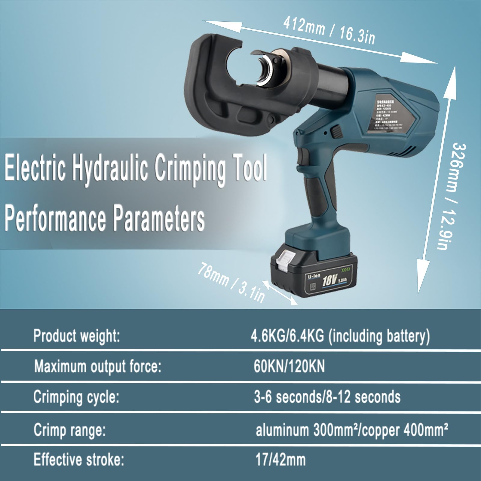 Crimpadora Hidráulica Eléctrica Recargable para Terminales de Cobre y Aluminio de 10-300/400 mm². Crimpadora de Cables Hidráulica a Batería con 13 Matrices de Crimpado EZ300