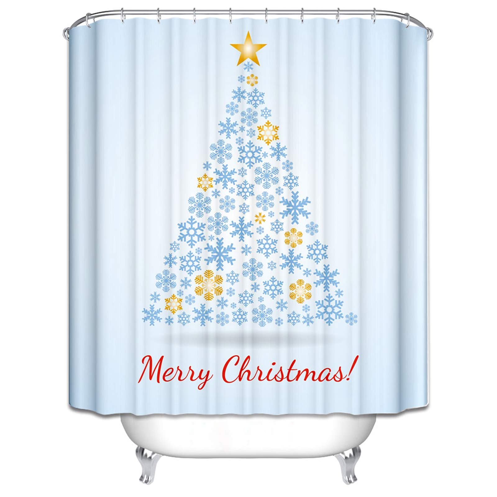 KnSam Cortina de ducha 100% poliéster, incluye 12 anillas para colgar en la bañera, antimoho, impermeable, árbol de Navidad, color blanco y azul, ancho 180 x 200 cm