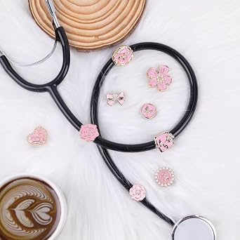 Pink Flowers Elegant Stethoscope Charms for Nurse - 9Pcs Pediatric Stethoscopes Decor Personalized Accessories, Gift for Doctor & Veterinarian, Medical Worker Nursing Graduation