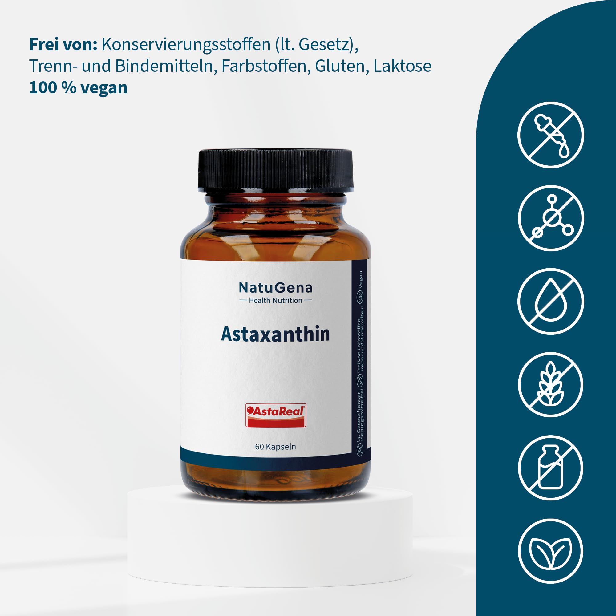 NatuGena Astaxanthin, AstaReal mit MCT-Öl, 4 mg veganes Astaxanthin, Haematococcus Pluvialis, 60 Kapseln (2 Monats Packung)