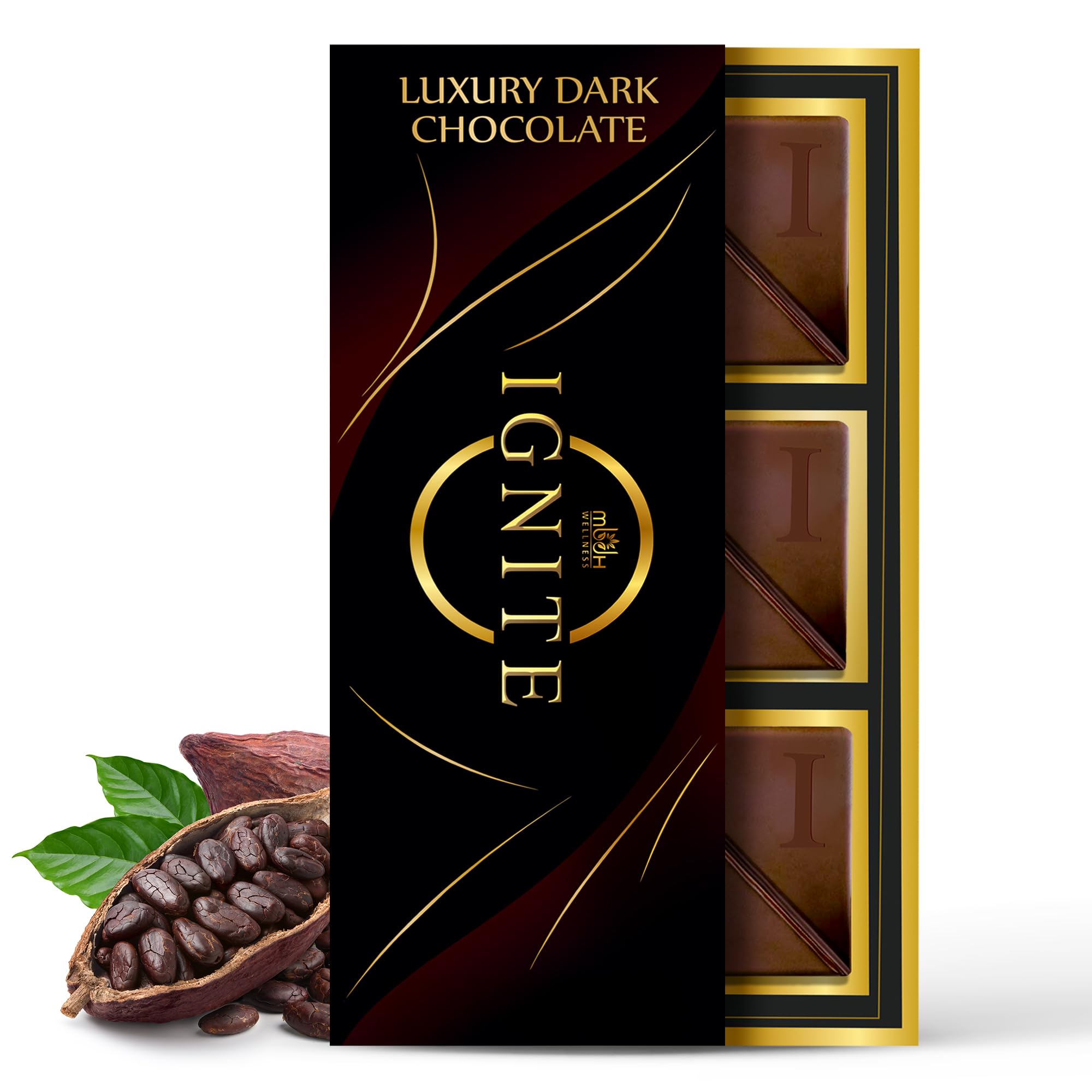 MBDH Wellness Ignite Chocolate Bars (1 Box) Premium Dark Chocolate For Mood & Vitality Boost | Crafted For Men & Women | 100% Vegetarian & Gluten-Free (Pack of 1),280 G