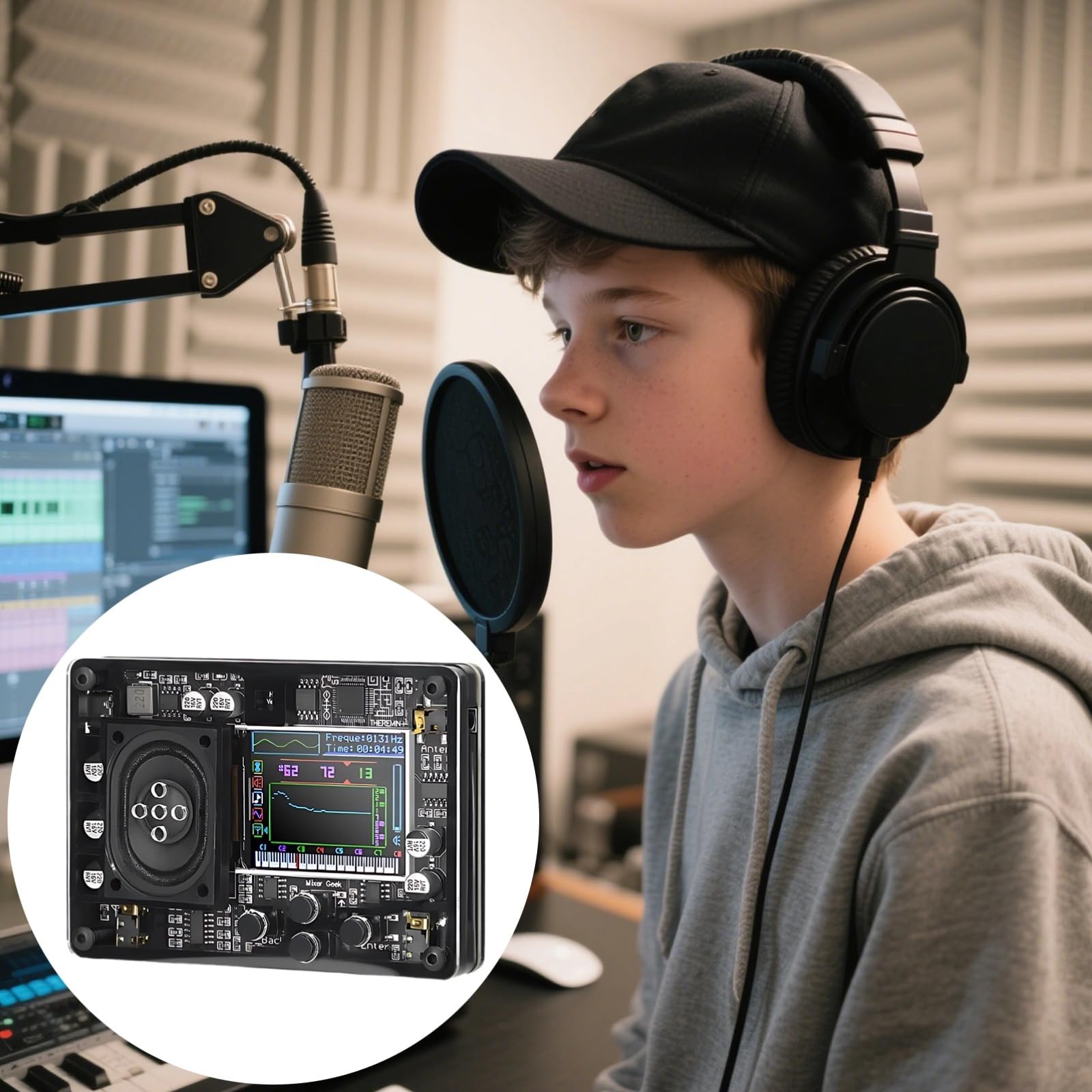 Mini Theremin Tragbar – Mit Einziehbarer Antenne, Farbdisplay, Lautsprecher, 70+ Klängen, Typ-C, Für Musiker & Bastler