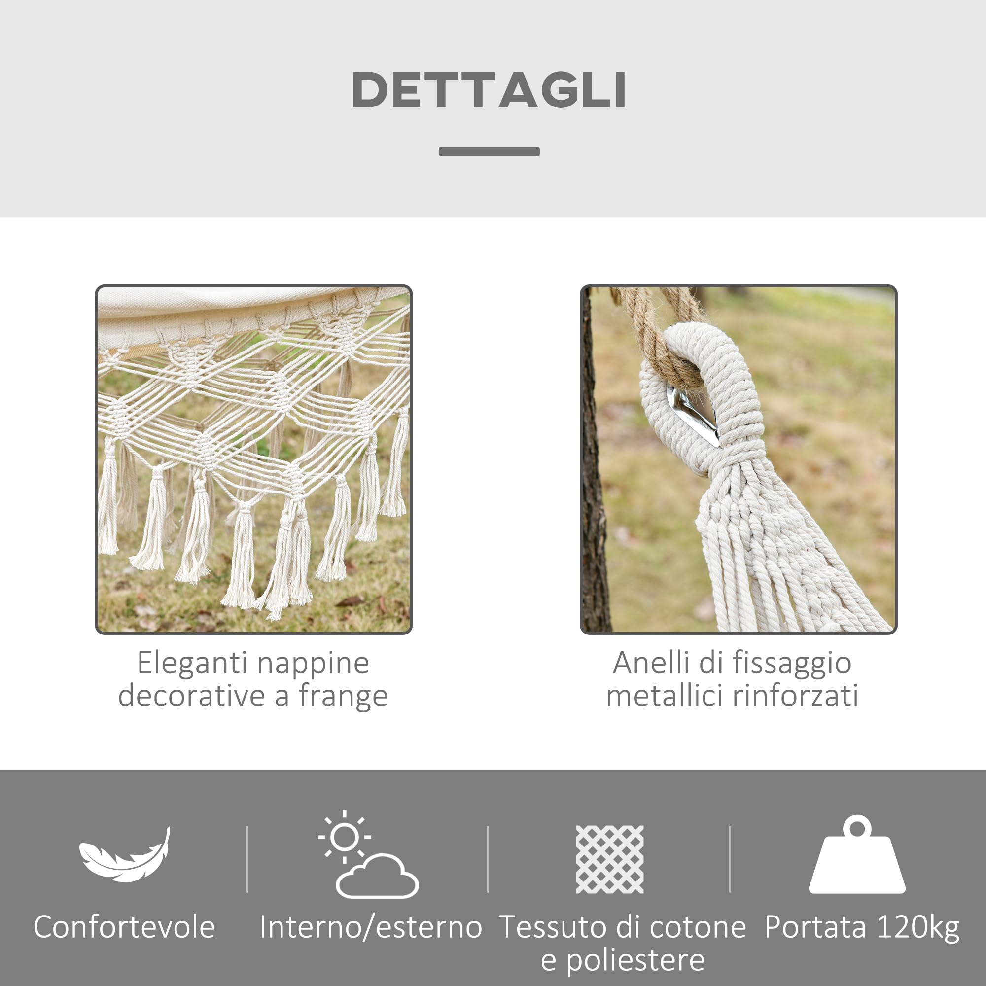 Outsunny Amaca da Giardino Sospesa 288x150 cm, Capacità 120 kg, Amaca Campeggio in Tela con Frange Stile Boho, con Borsa da Trasporto, per Campeggio, Giardino, Balcone, Patio e Spiaggia, Crema