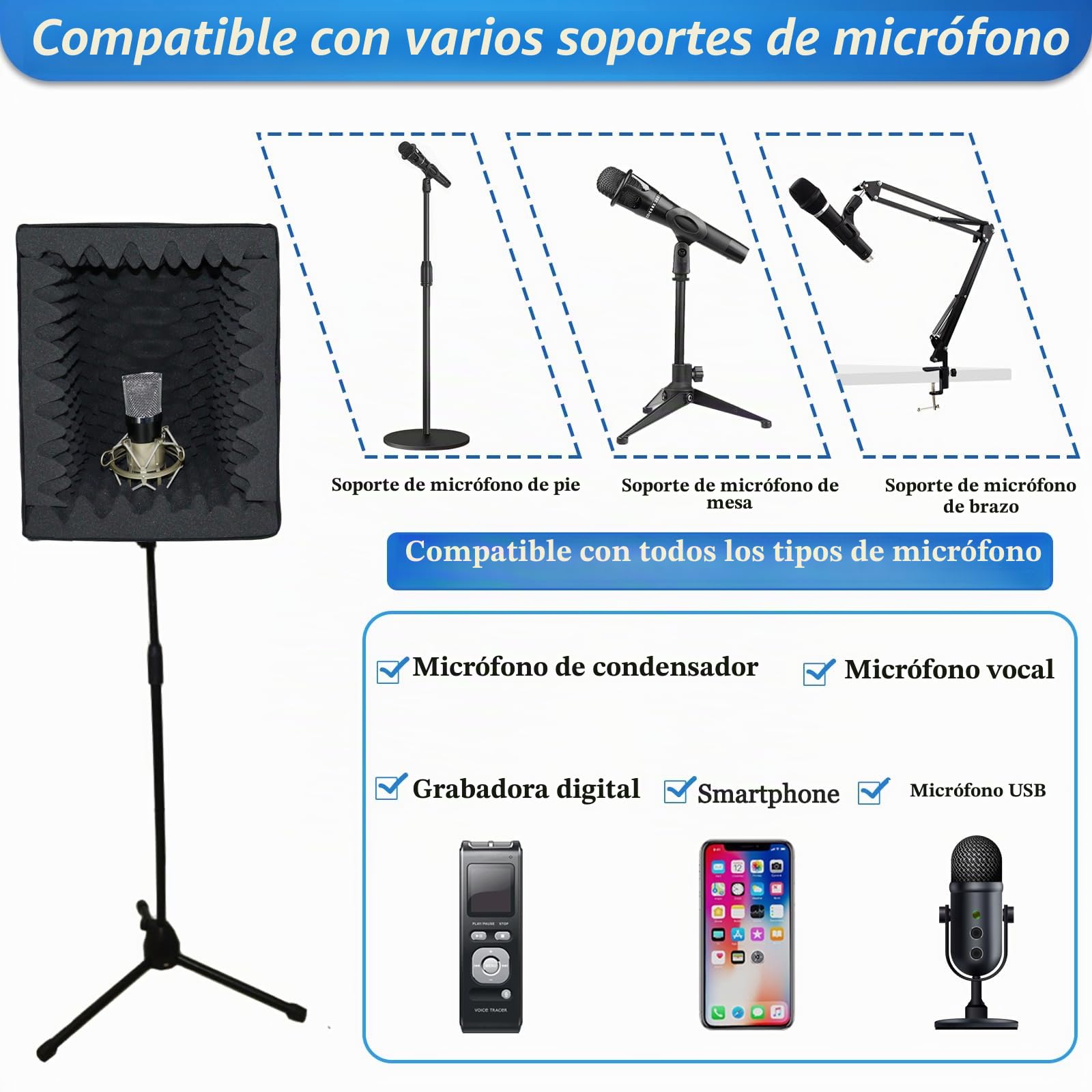 BXI Cabina vocal portátil para grabación de sonido, filtro reflectante y escudo aislante para micrófono, espuma grande y plegable, montaje en soporte, muy densa