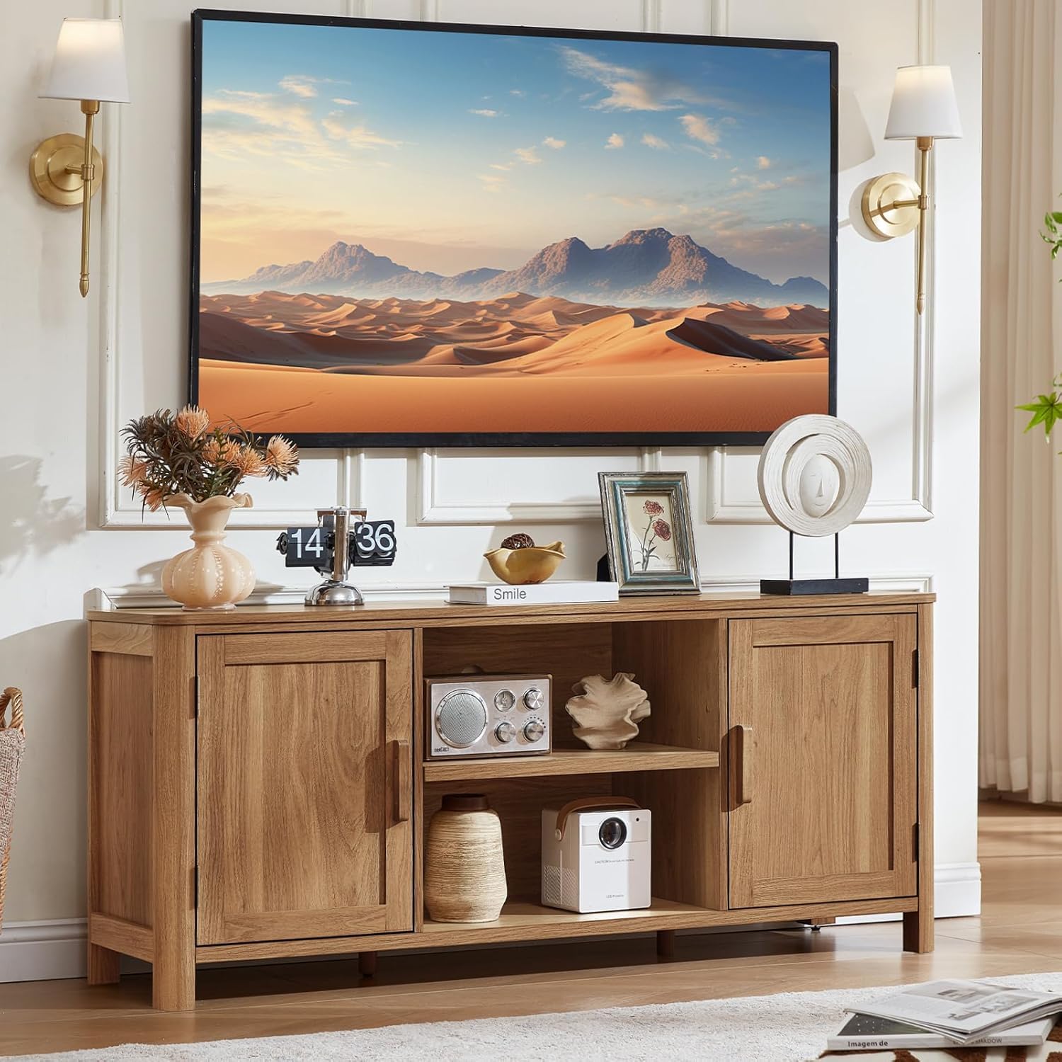 Solid Wooden Tv Stand Cabinet for Livingroom Bedroom & Hollway | Dark Wood Entertainment Center with Adjustable Shelves & 2 Door Storage for Home Decor.-image-26