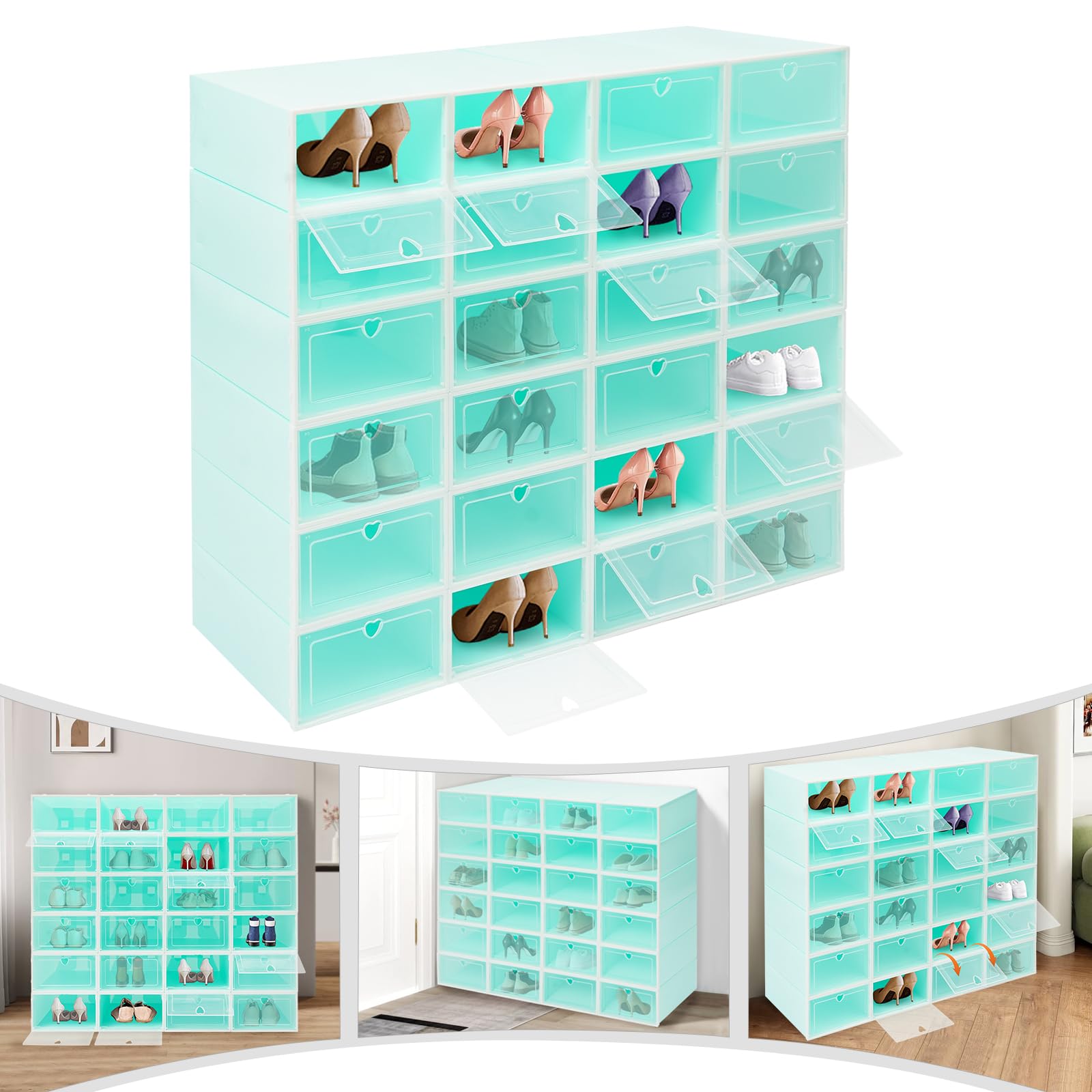 24er-Set Transparent Schuhboxen Stapelbar Schuhkarton mit Durchsichtiger Tür Faltbar Schuhaufbewahrung für Schuhe bis Länge 31 CM