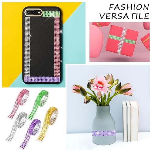 Miniatura 7 de KALIONE Juego de cinta de diamantes de imitación, 5 rollos de cinta de diamantes de imitación de cristal multicolor, cinta autoadhesiva con