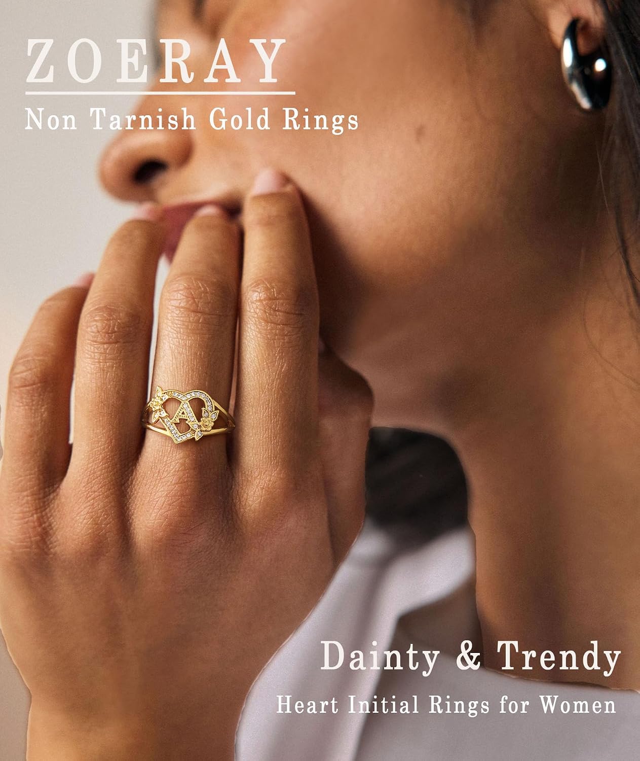 ZOERAY Initial Gold Rings for Women Non Tarnish Dainty 14K Gold Plated Vintage Statement Heart Ring Cute Letter A-Z Carved Cubic Zirconia Stackable Thumb Rings Size 6-10 Personalized Jewelry Gifts