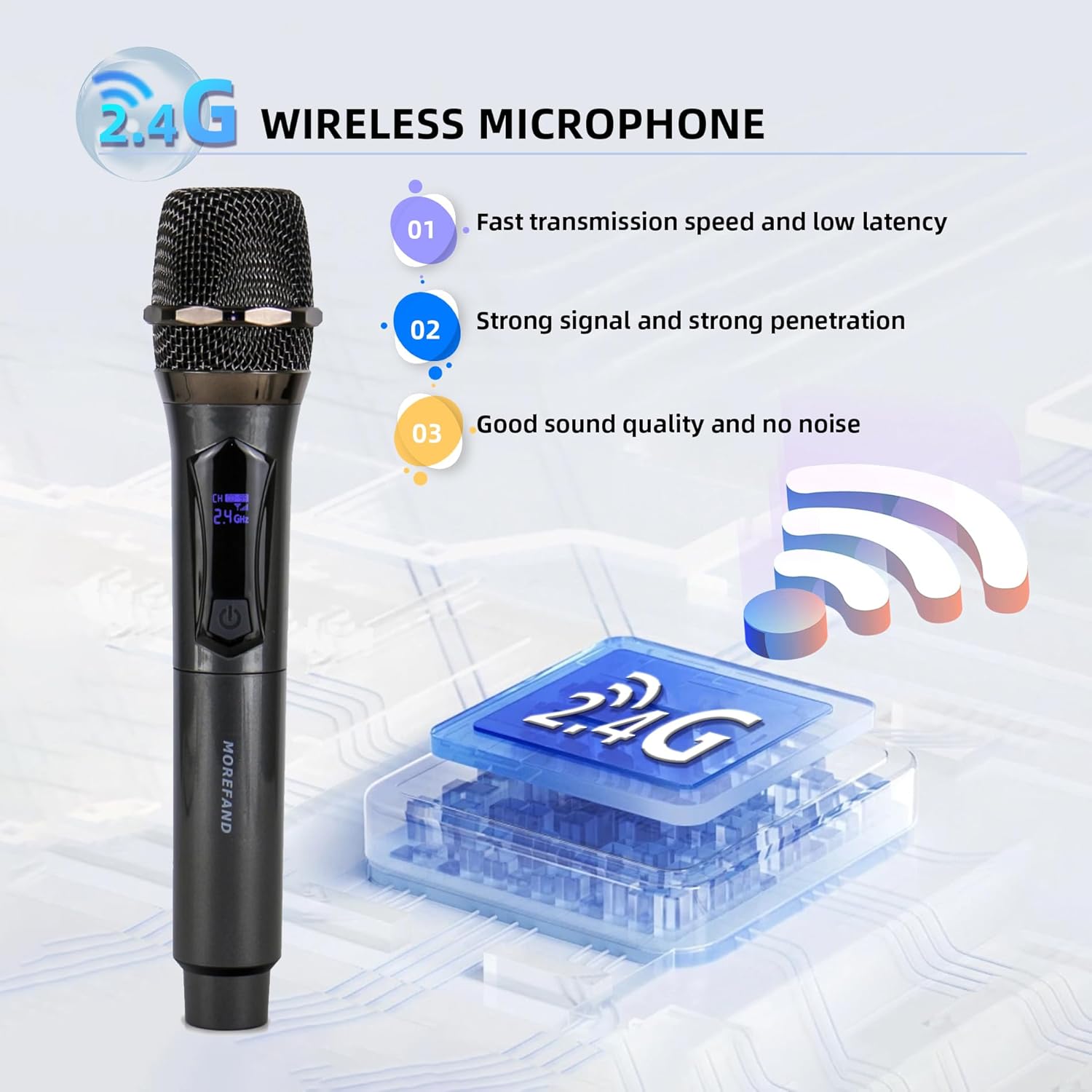 Wireless Microphone System, Dual Handheld Cardioid Mics with DSP, LCD Display, 2.4GHz, for Karaoke, Audio System, Mixer Cordless Dynamic Mic Micro Set for Singing, Wedding, DJ, Party, Speech,Gray